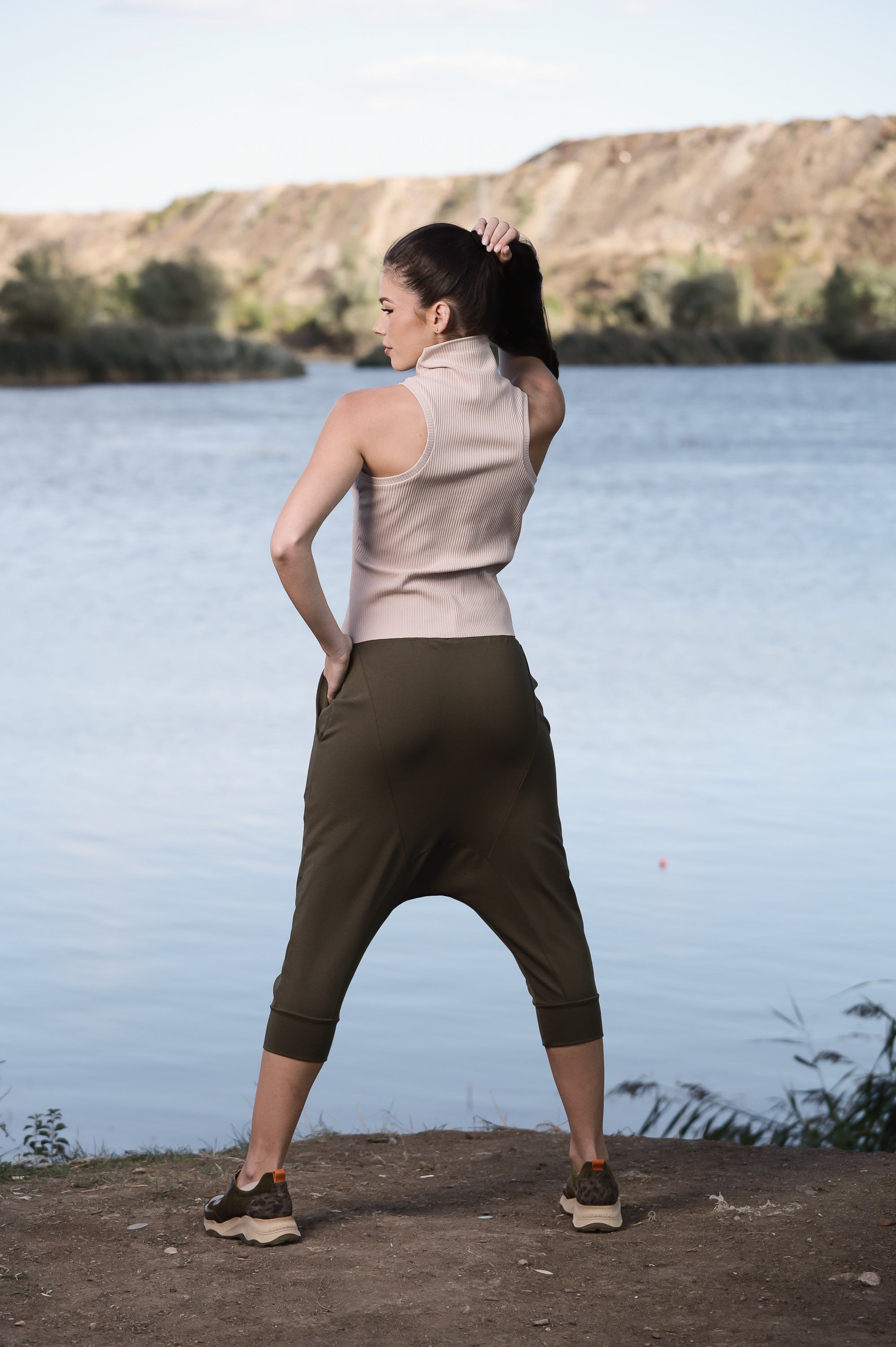 Khaki Drop Crotch Capri Pants – Women’s Harem Trousers