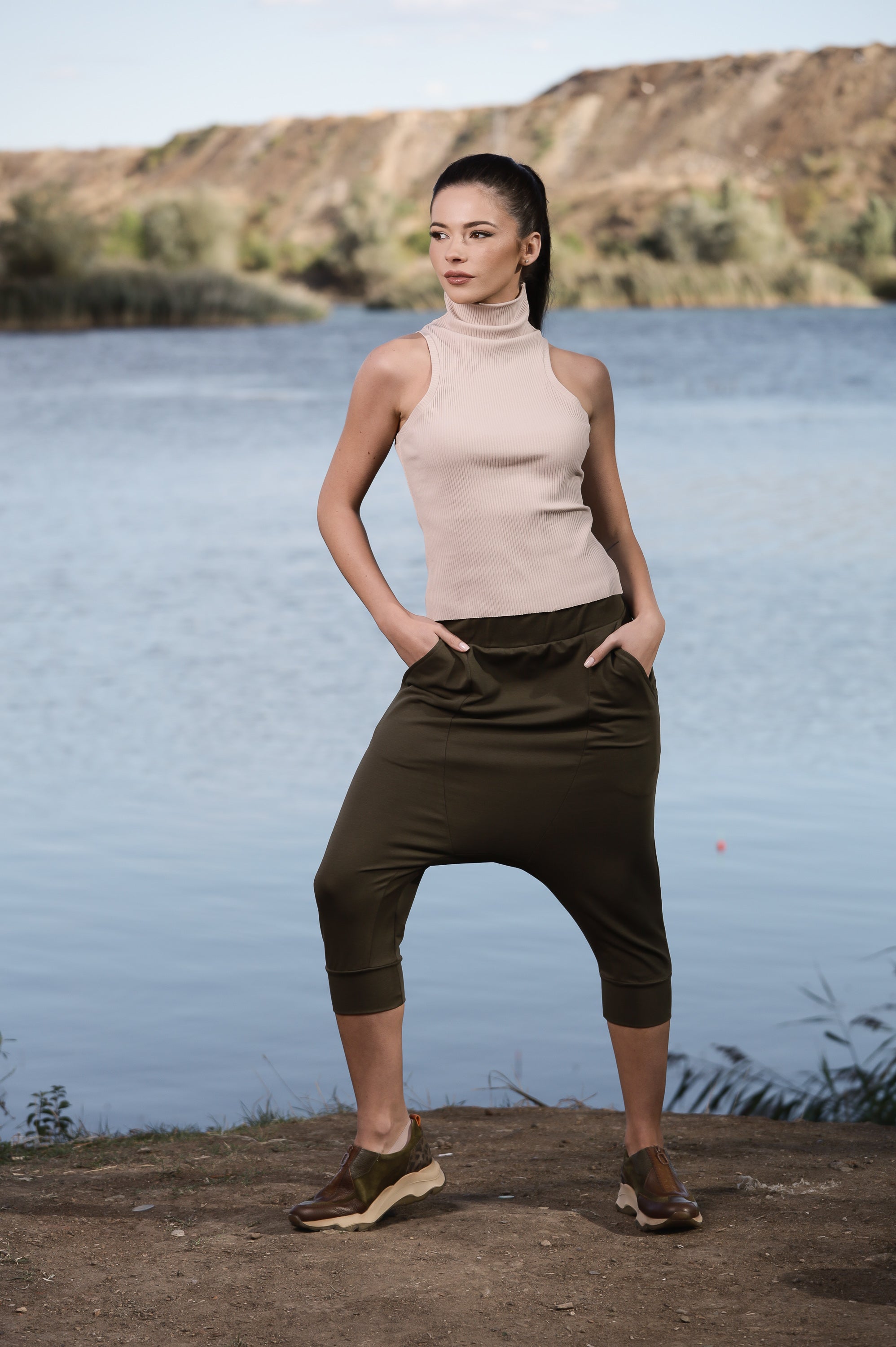 Khaki Drop Crotch Capri Pants – Women’s Harem Trousers