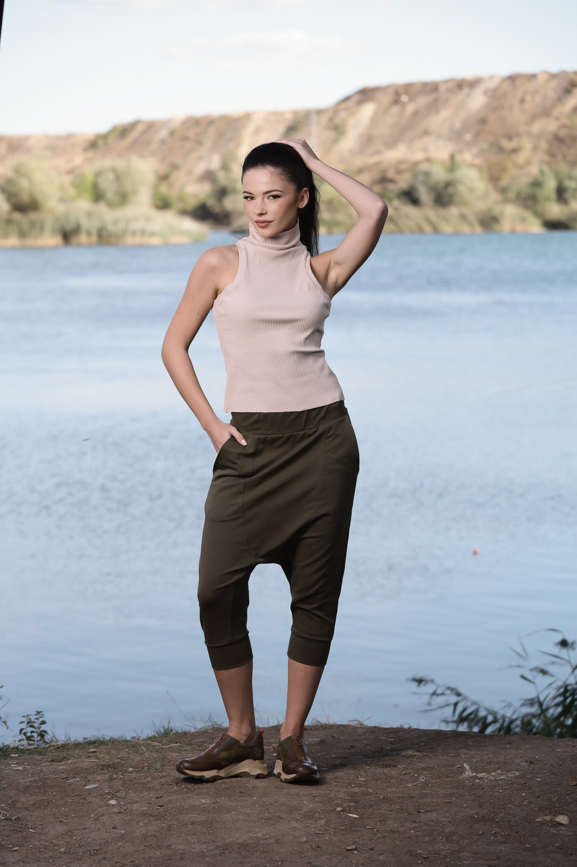 Khaki Drop Crotch Capri Pants – Women’s Harem Trousers