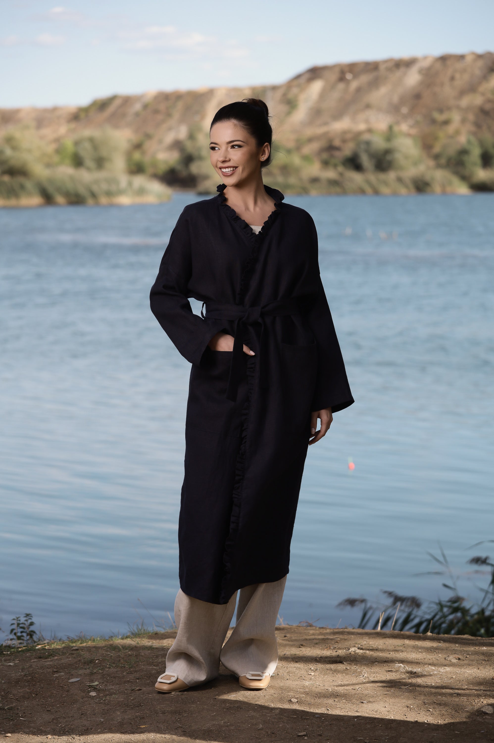 Linen Robe Jacket – Long Lightweight Layer with Belt and Pockets
