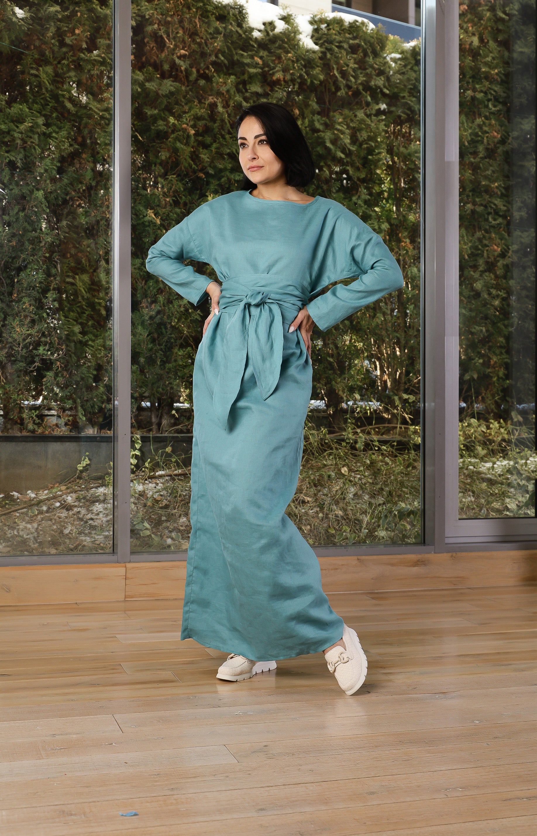 Linen Maxi Dress with Wrap Belt – Relaxed Long Sleeve Dress