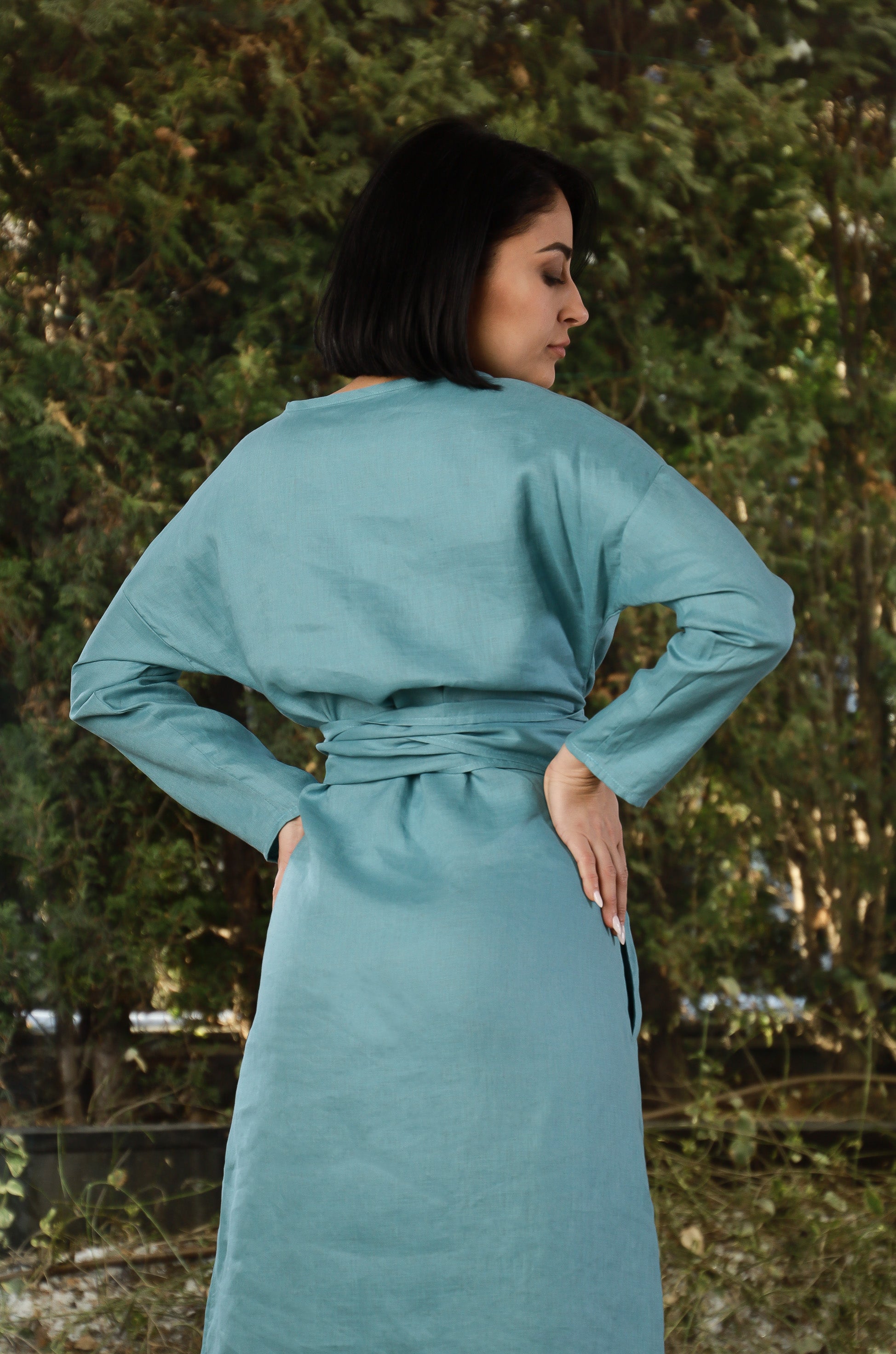 Linen Maxi Dress with Wrap Belt – Relaxed Long Sleeve Dress