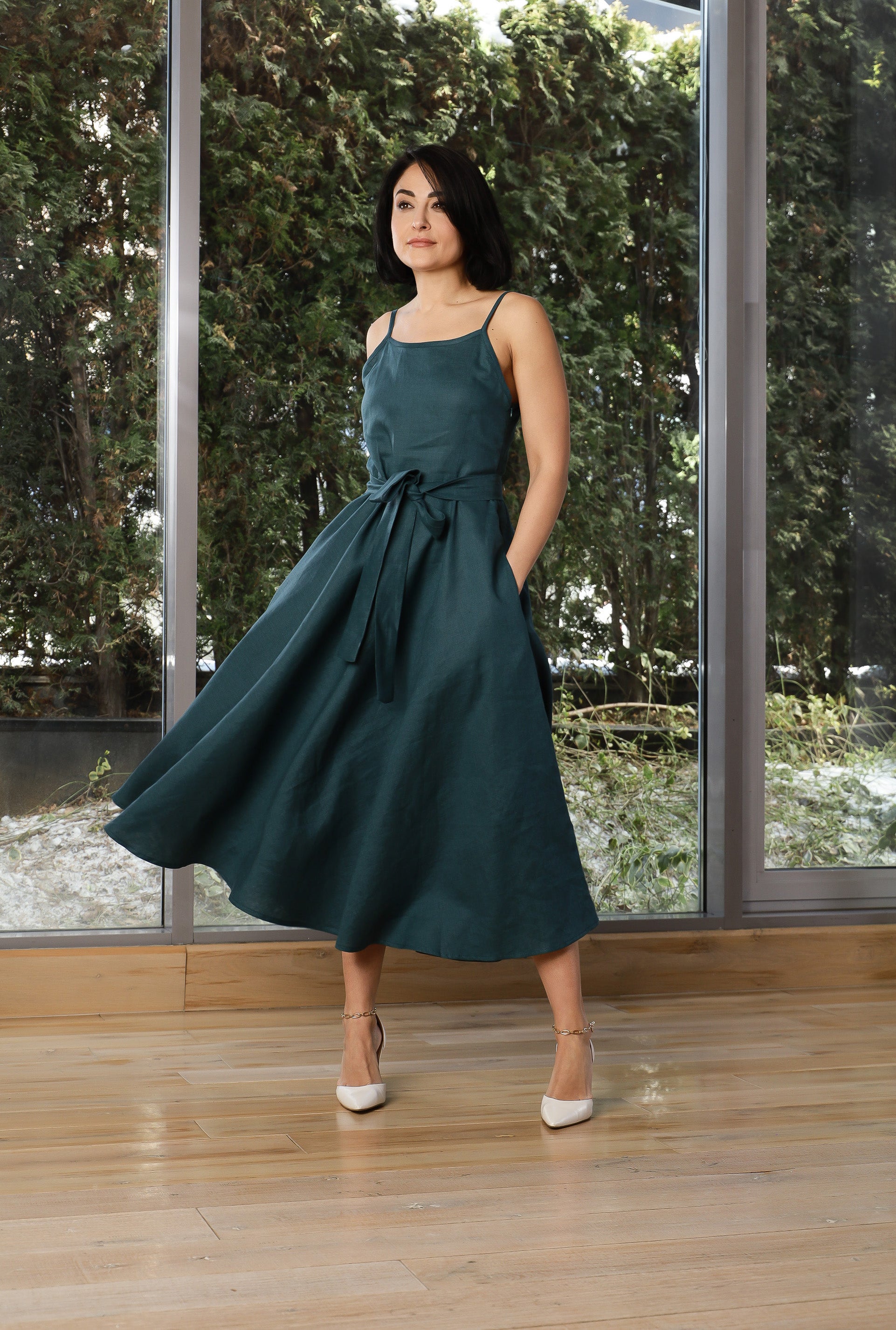 Linen Slip Dress for Women – Tie Waist Midi Dress