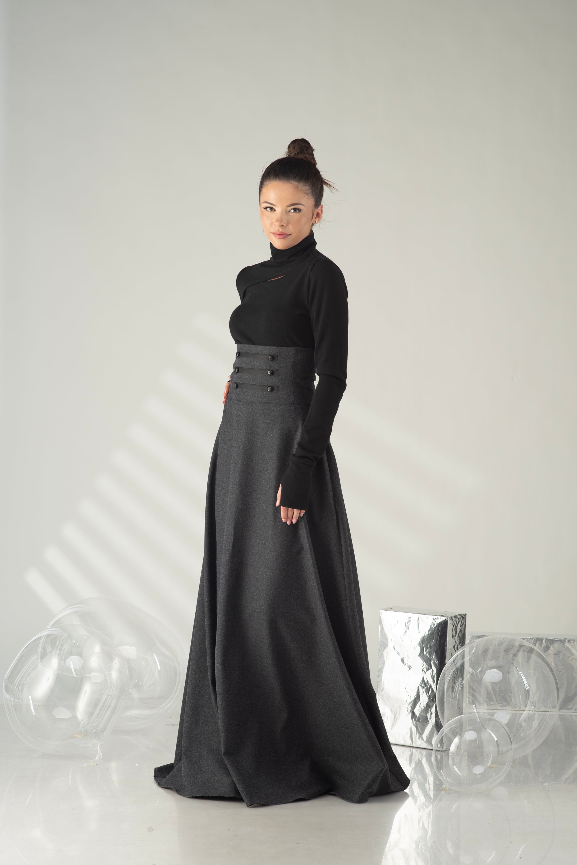 Long A-Line Skirt – Structured High Waist Designer Skirt
