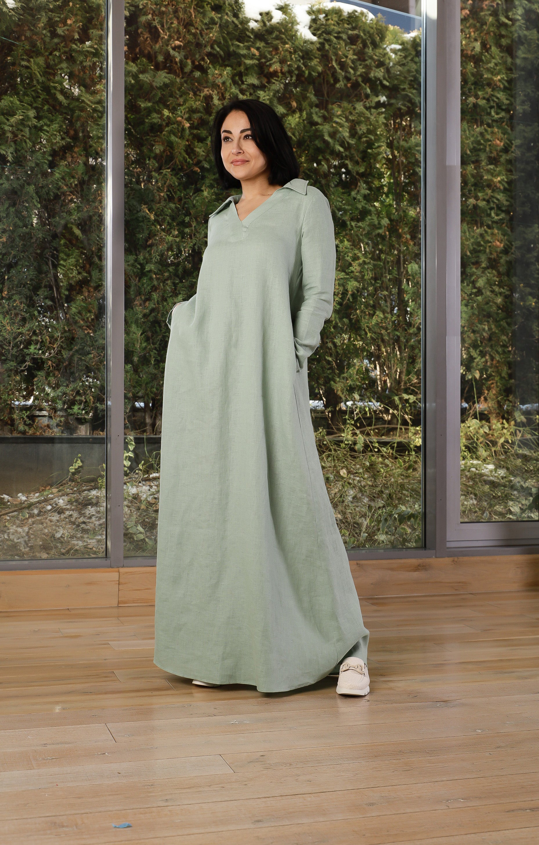 Long Linen Dress with Pockets – Relaxed A-Line Dress