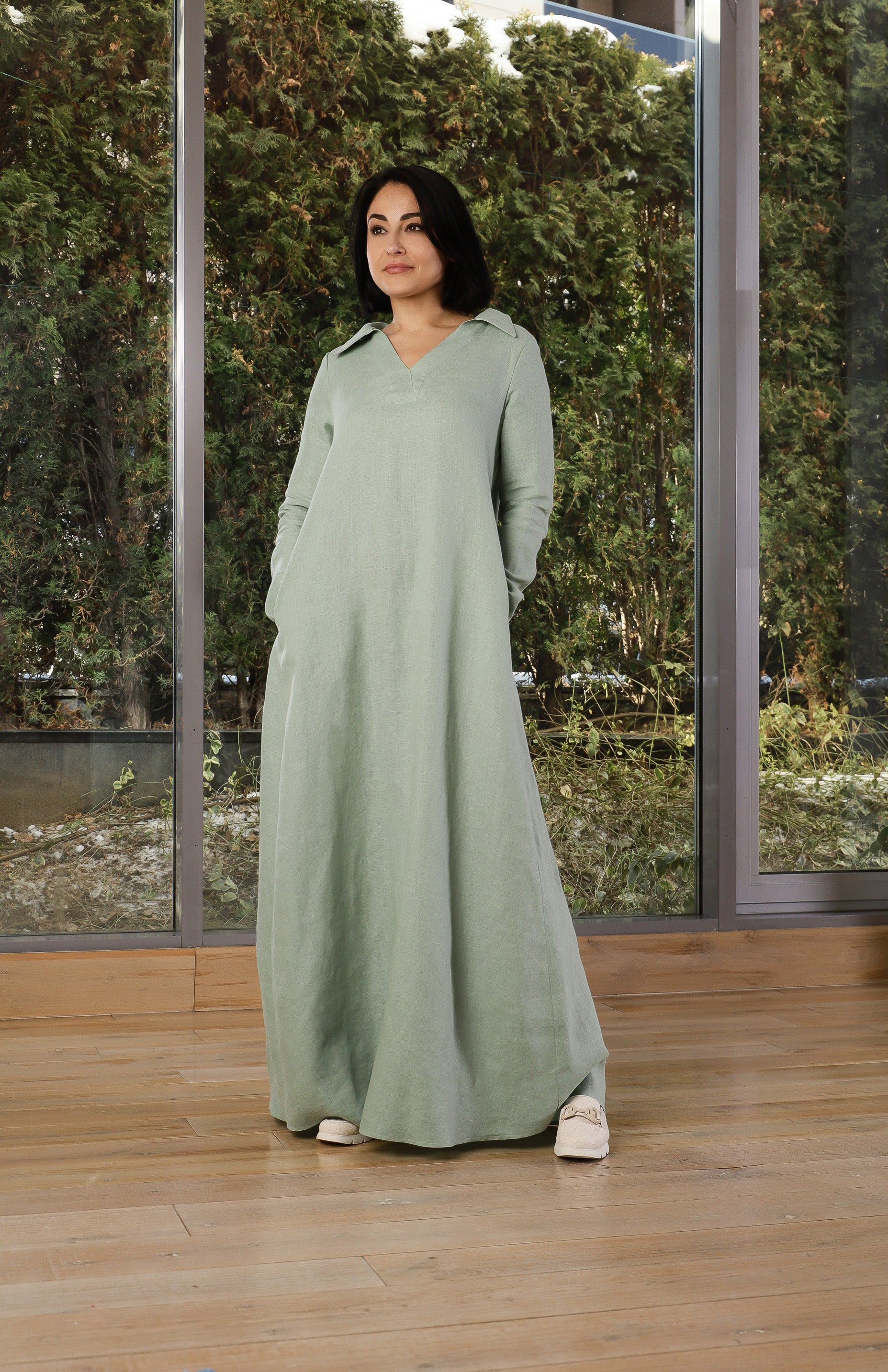 Long Linen Dress with Pockets – Relaxed A-Line Dress