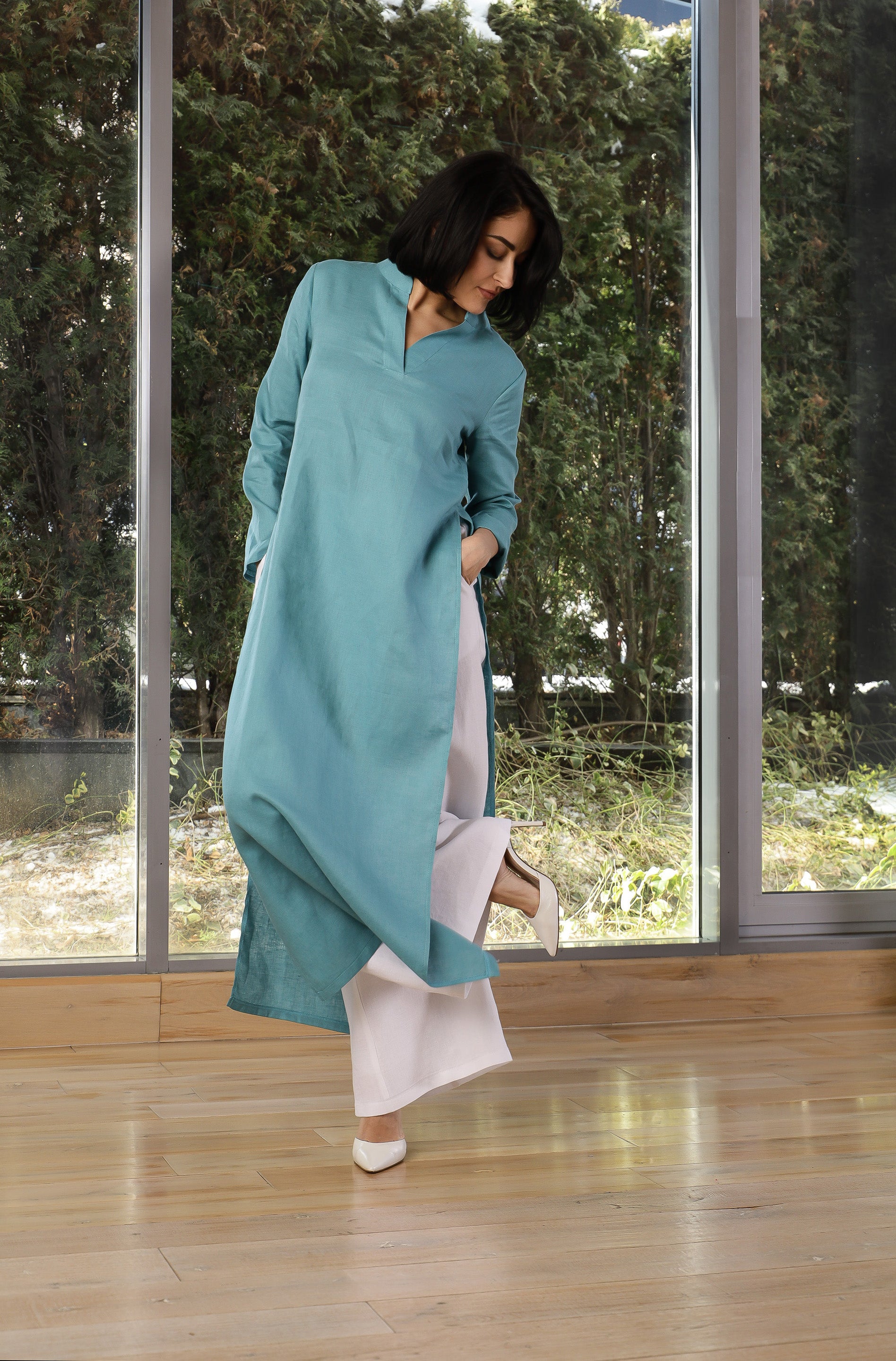 Long Linen Tunic for Women – Minimalist Side Slit Tunic Top