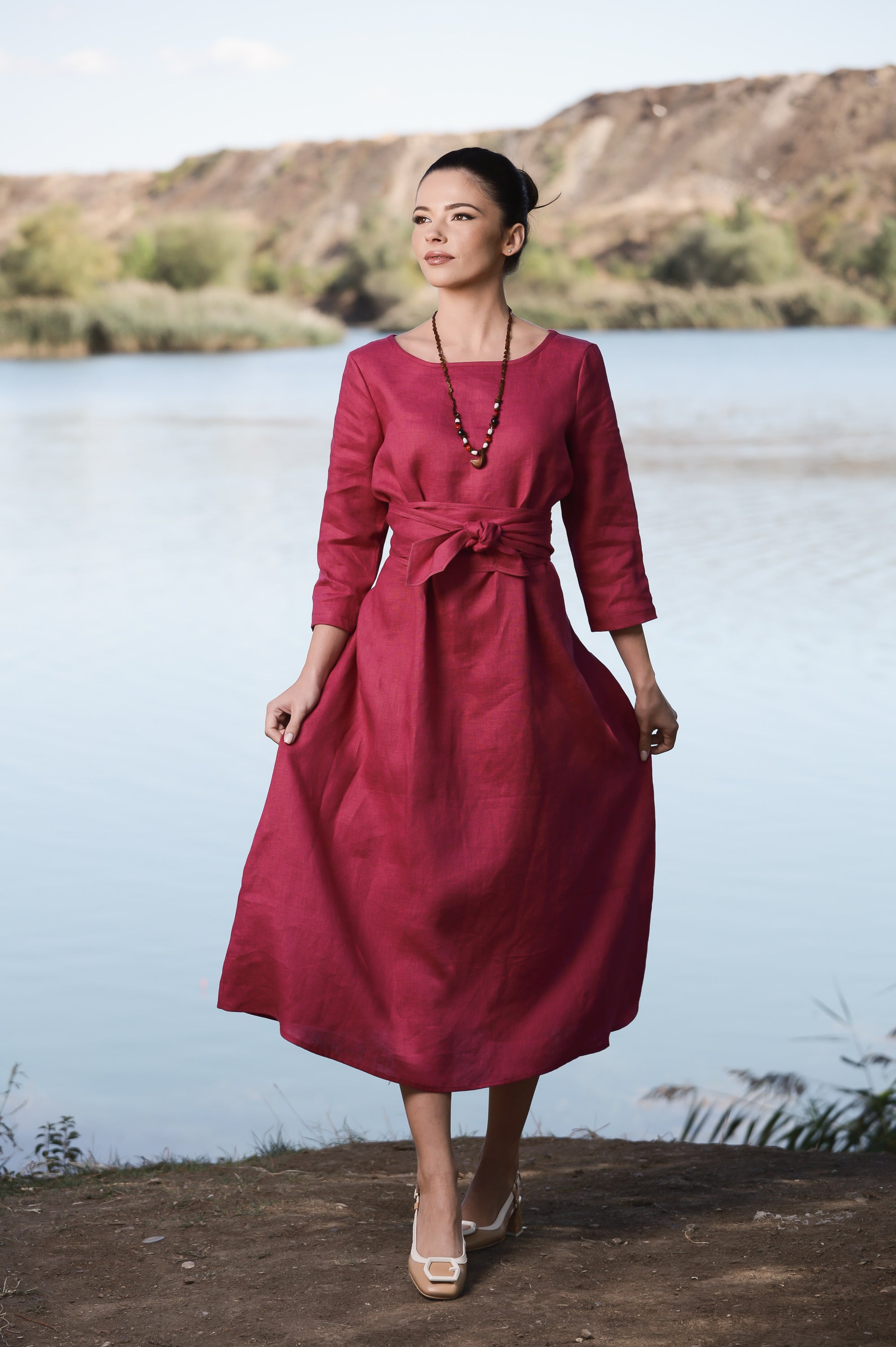 Long Sleeve Maxi Linen Dress with Belt