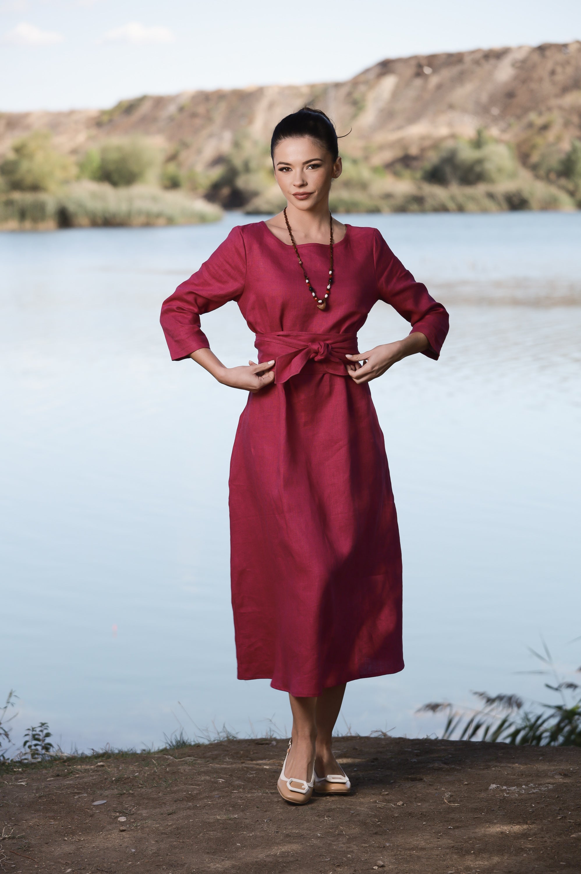 Long Sleeve Maxi Linen Dress with Belt