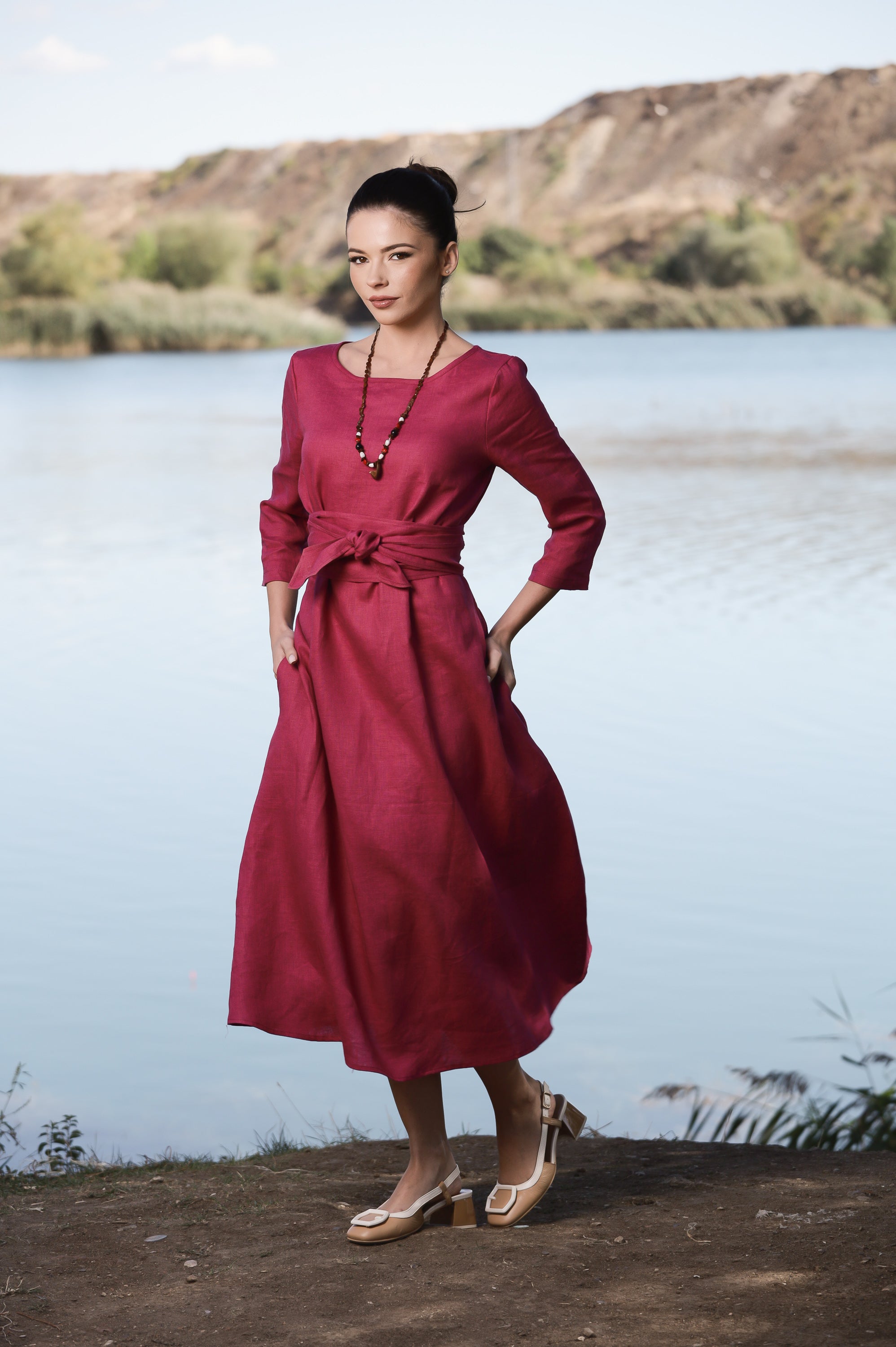 Long Sleeve Maxi Linen Dress with Belt Long Sleeve Maxi Linen Dress with Belt