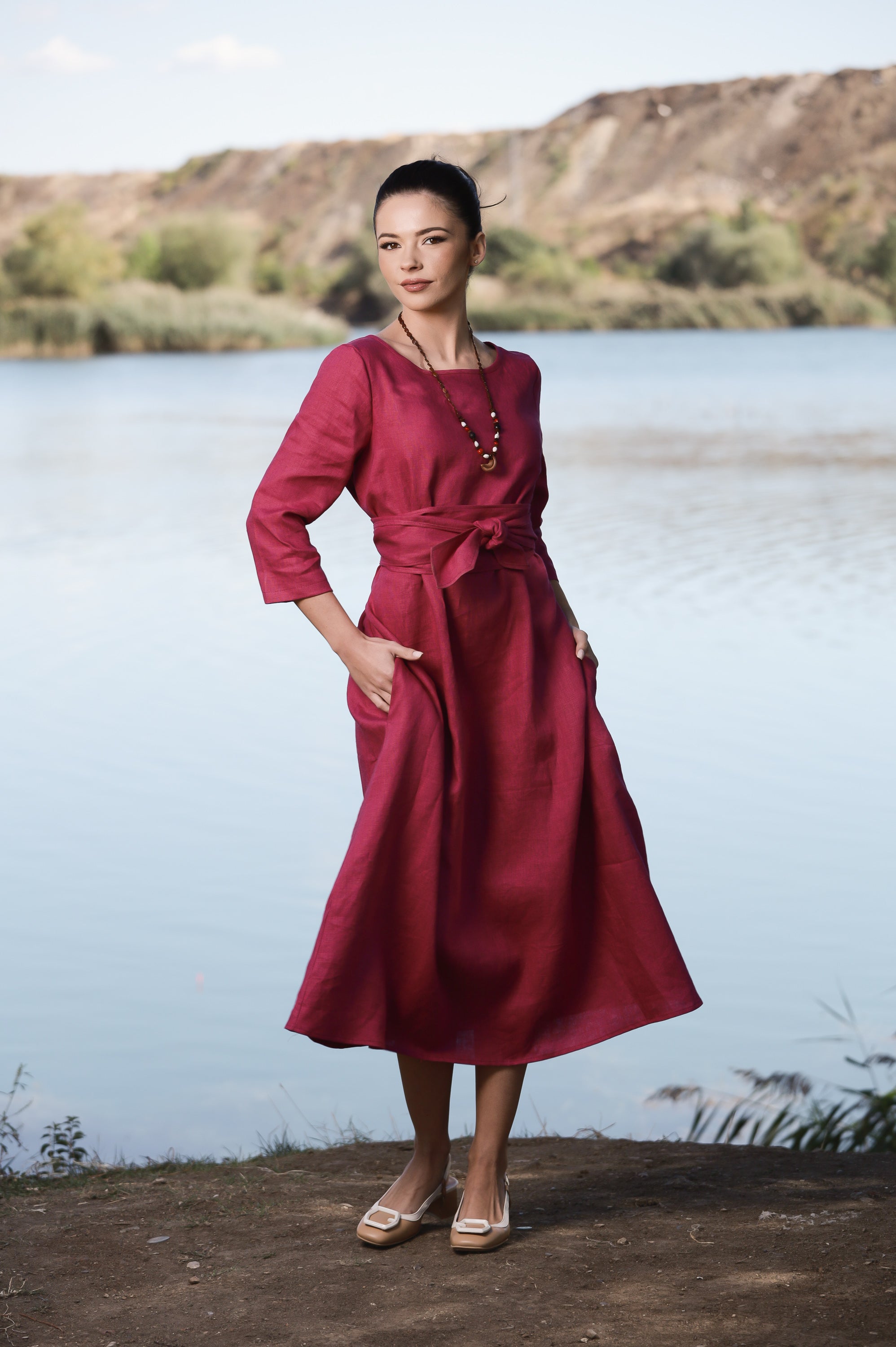 Long Sleeve Maxi Linen Dress with Belt