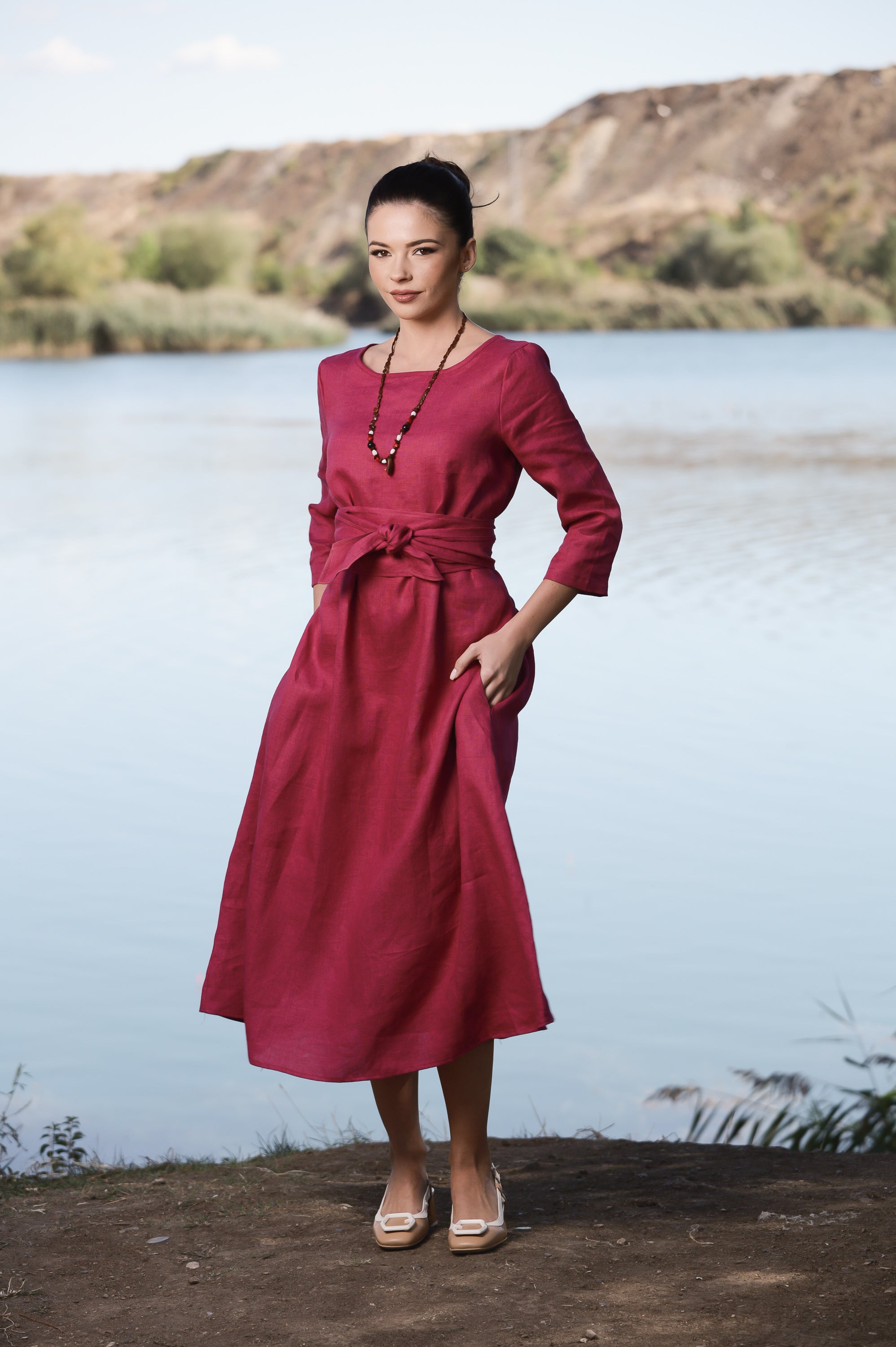 maxi linen dress with sleeves Long Sleeve Maxi Linen Dress with Belt
