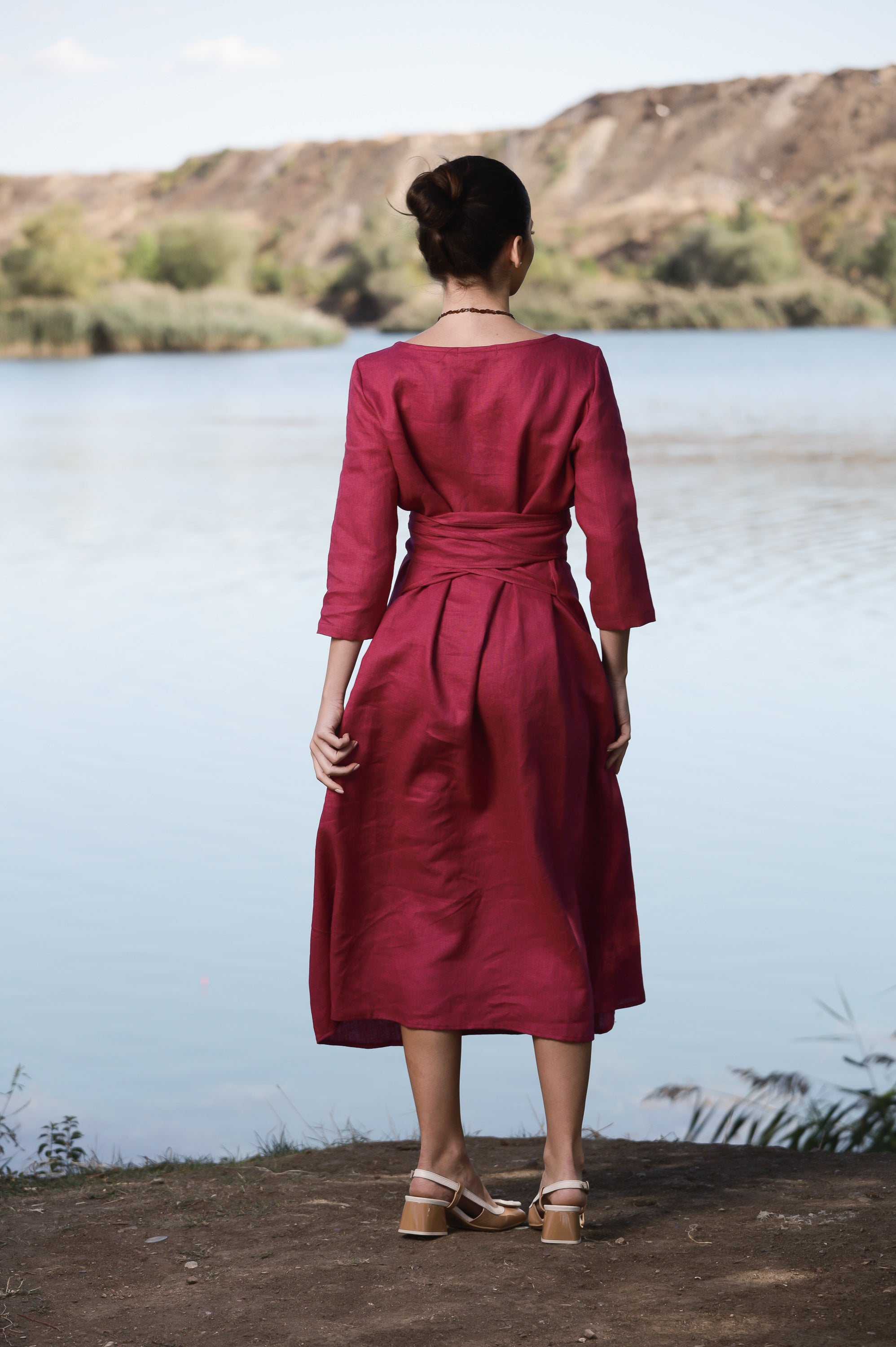 Long Sleeve Maxi Linen Dress with Belt