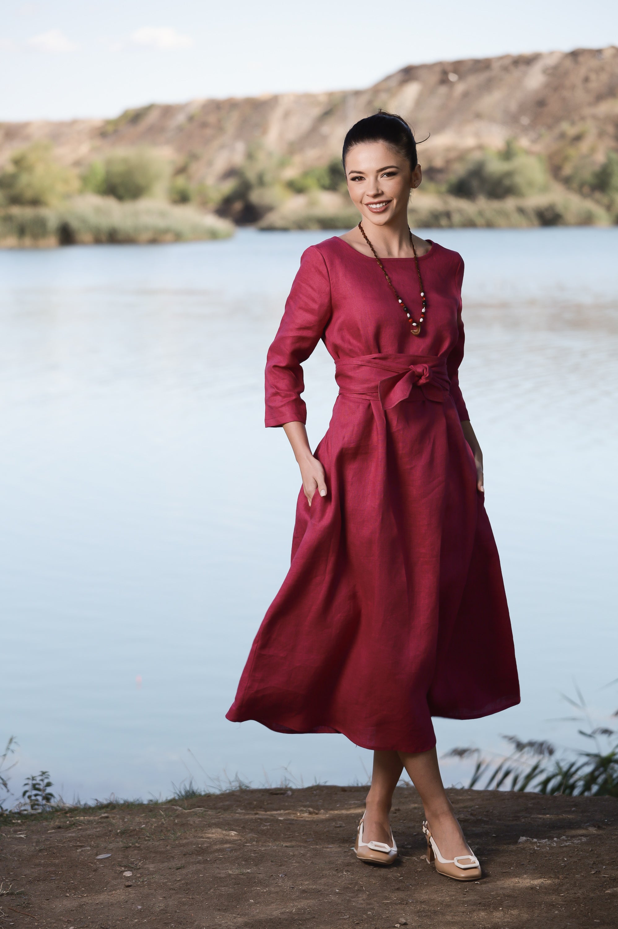 Long Sleeve Maxi Linen Dress with Belt