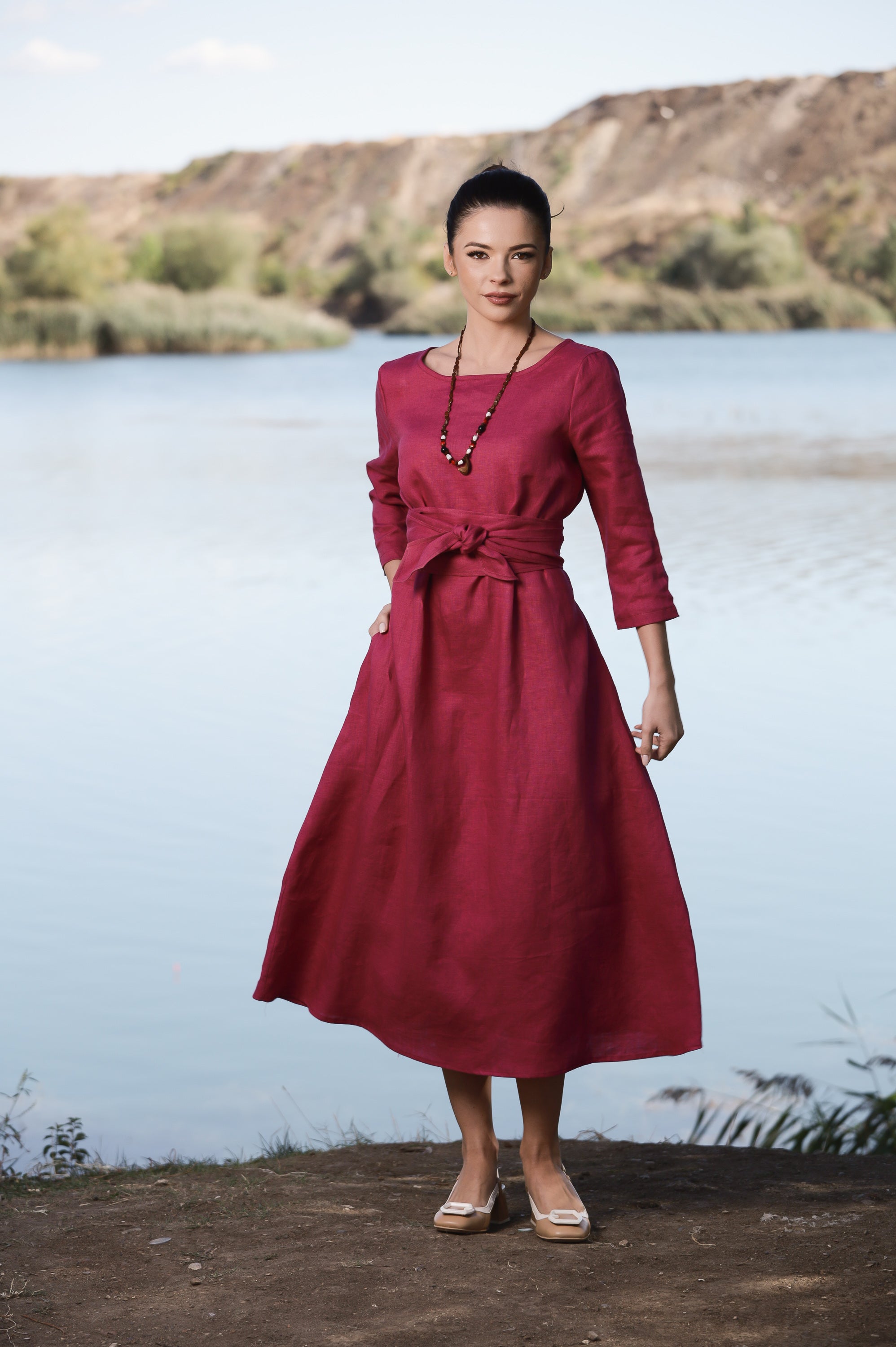 Long Sleeve Maxi Linen Dress with Belt
