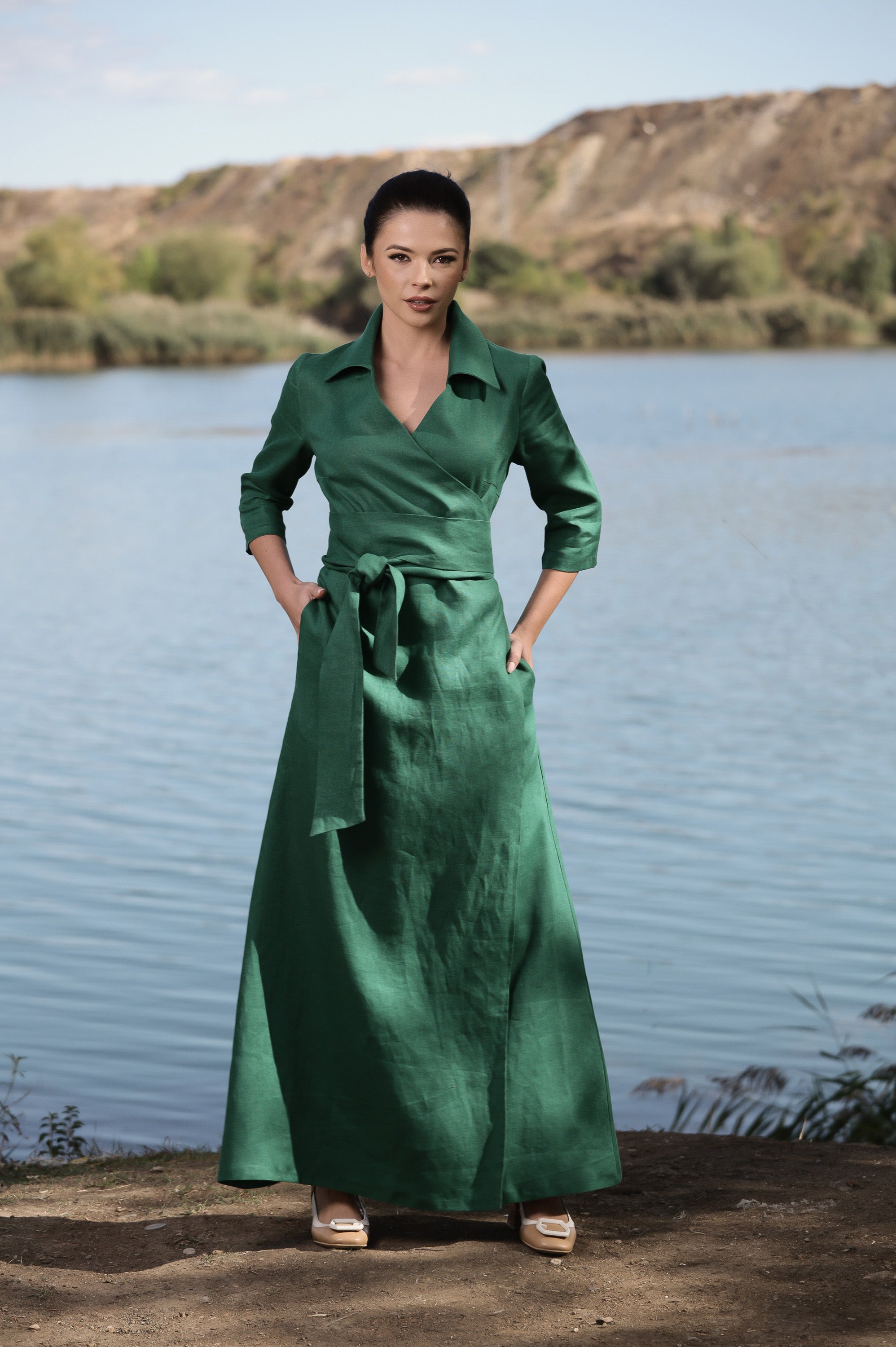 Long Wrap Linen Dress for Women in Emerald Green