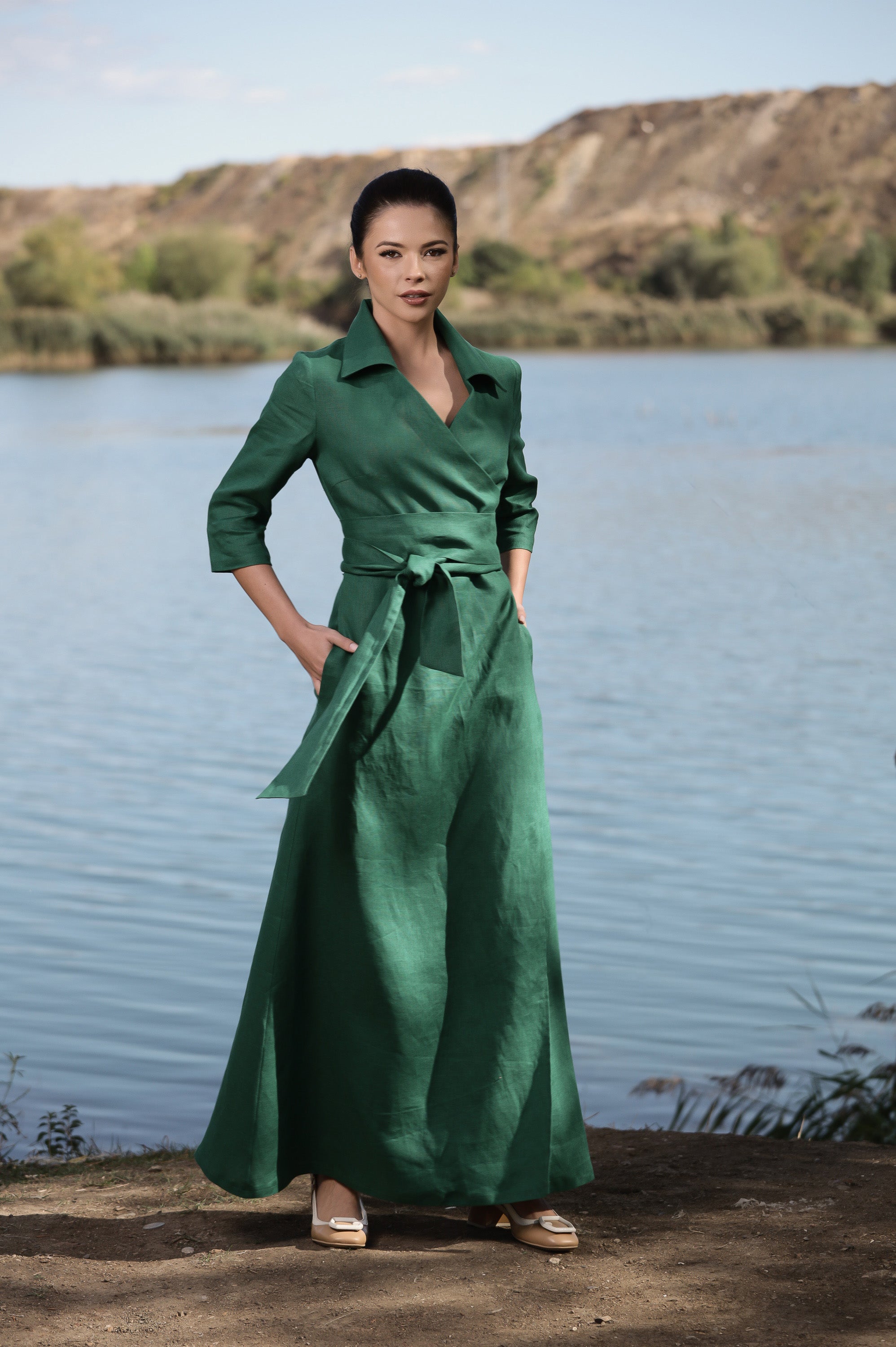 Long Wrap Linen Dress for Women in Emerald Green