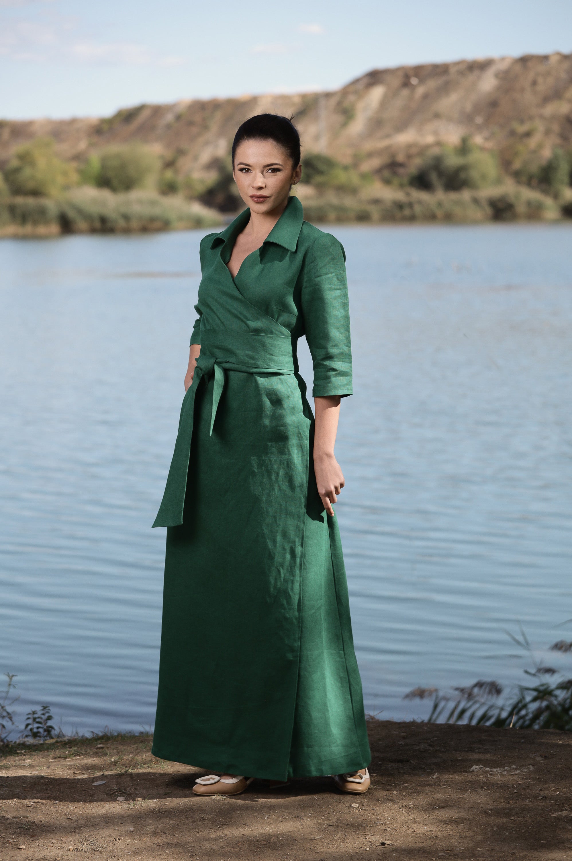 Long Wrap Linen Dress for Women in Emerald Green