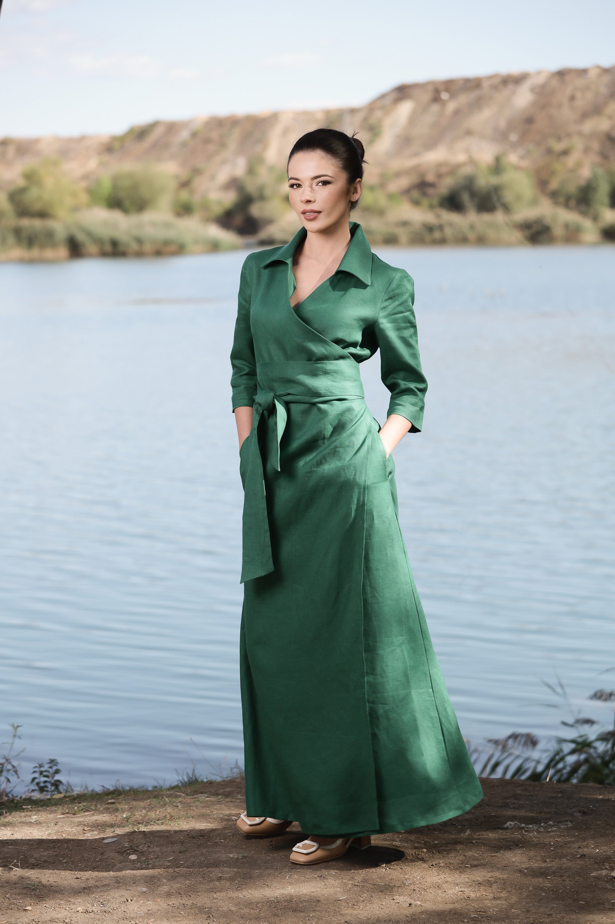 Long Wrap Linen Dress for Women in Emerald Green