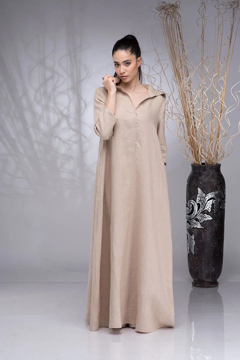 Long Linen Hooded Abaya Dress with Pockets