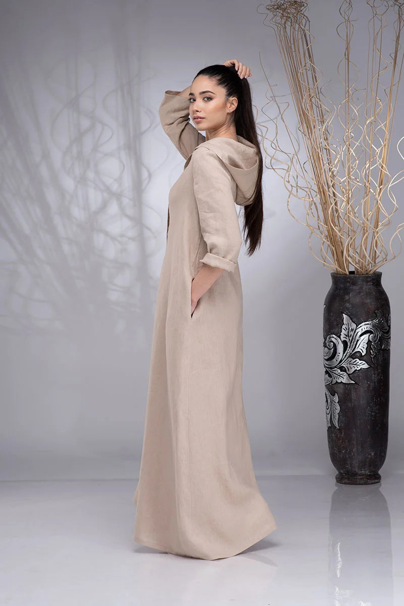 Long Linen Hooded Abaya Dress with Pockets