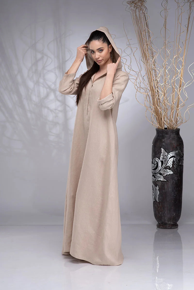 Long Linen Hooded Abaya Dress with Pockets