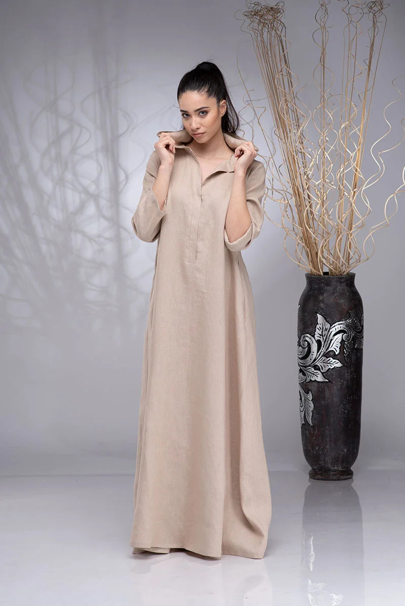 Long Linen Hooded Abaya Dress with Pockets