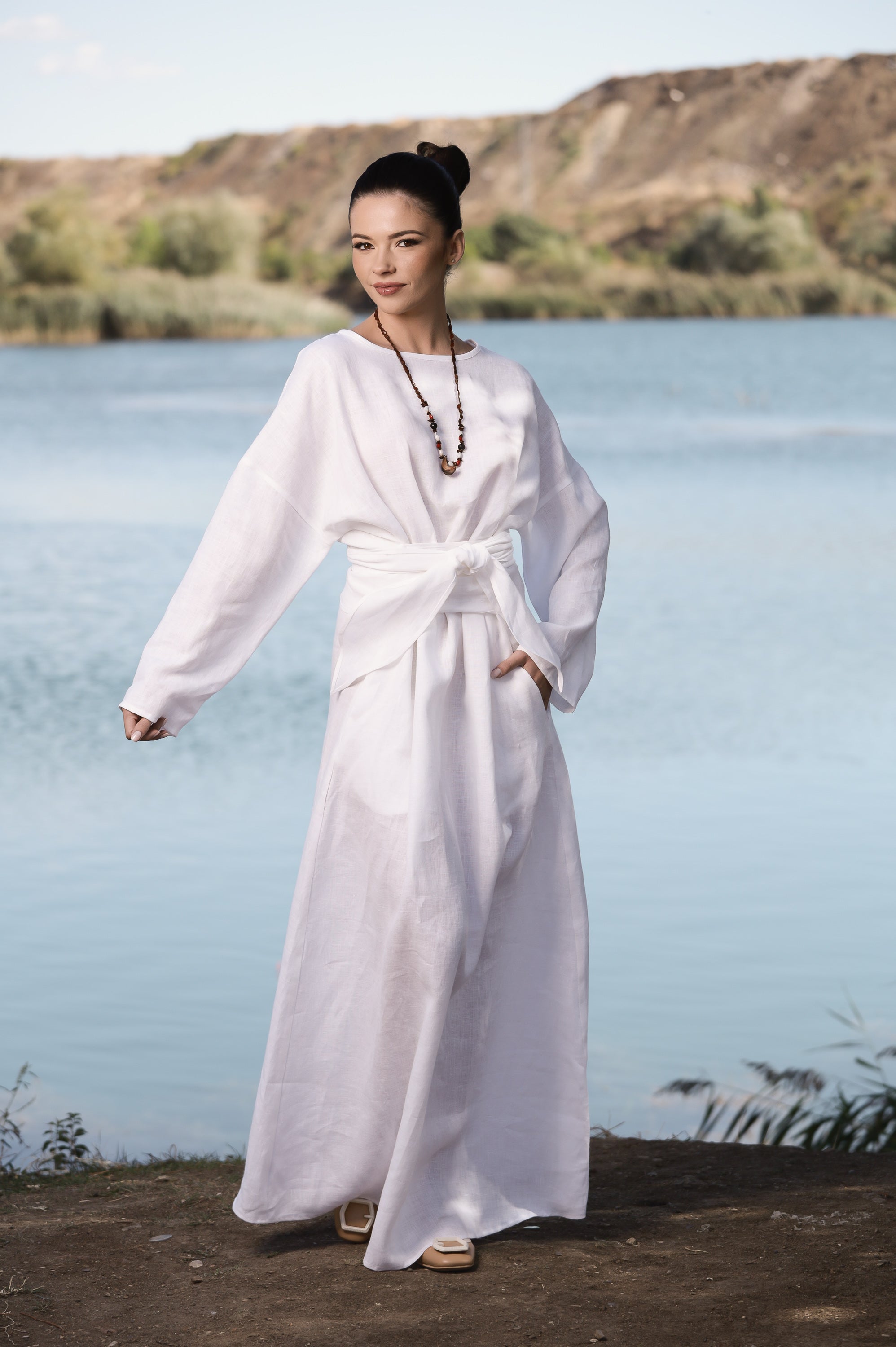 Minimalist Linen Dress - Relaxed Fit Maxi Dress with Tie Waist