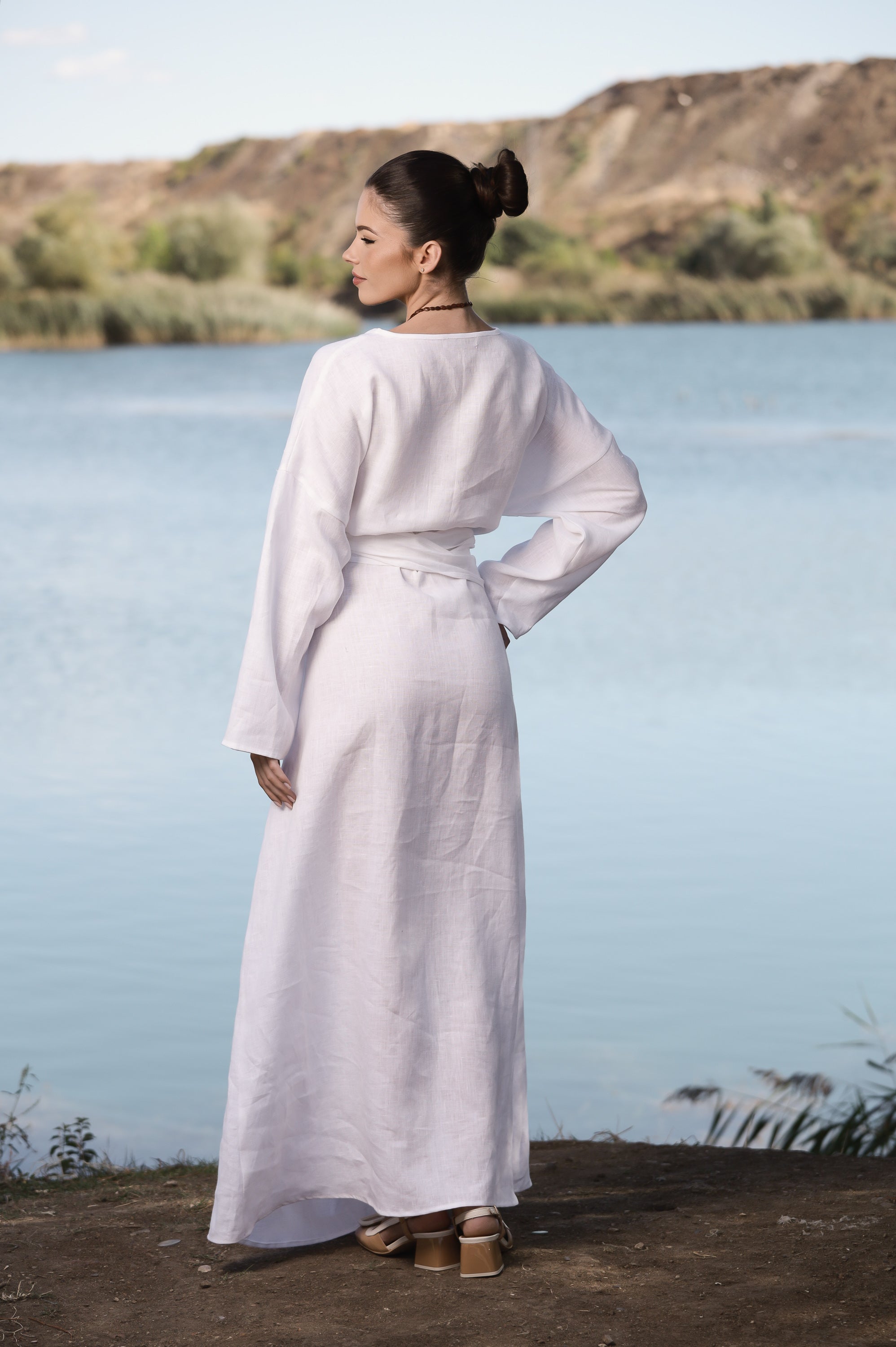 Minimalist Linen Dress - Relaxed Fit Maxi Dress with Tie Waist