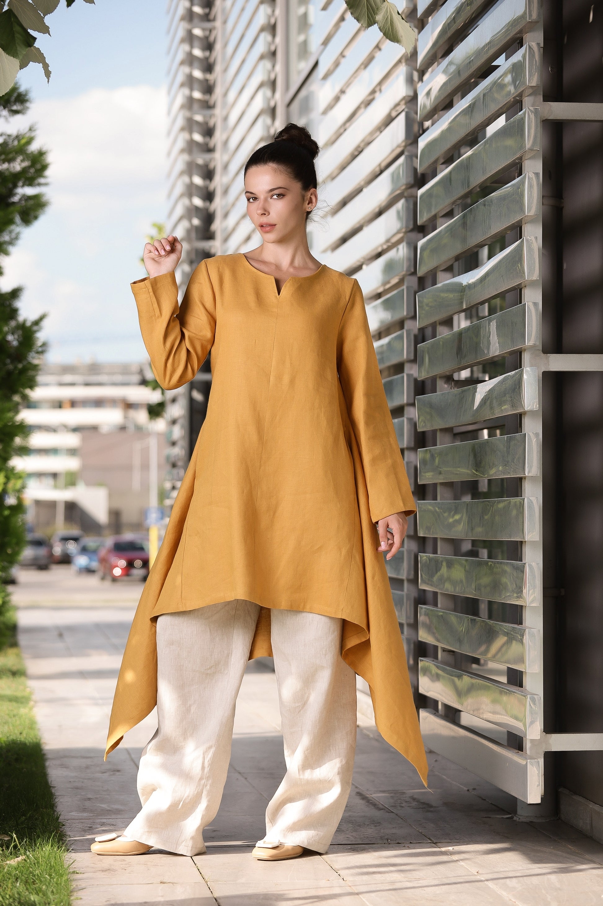 Modern Linen Tunic – Mustard Long Sleeve Asymmetrical Dress