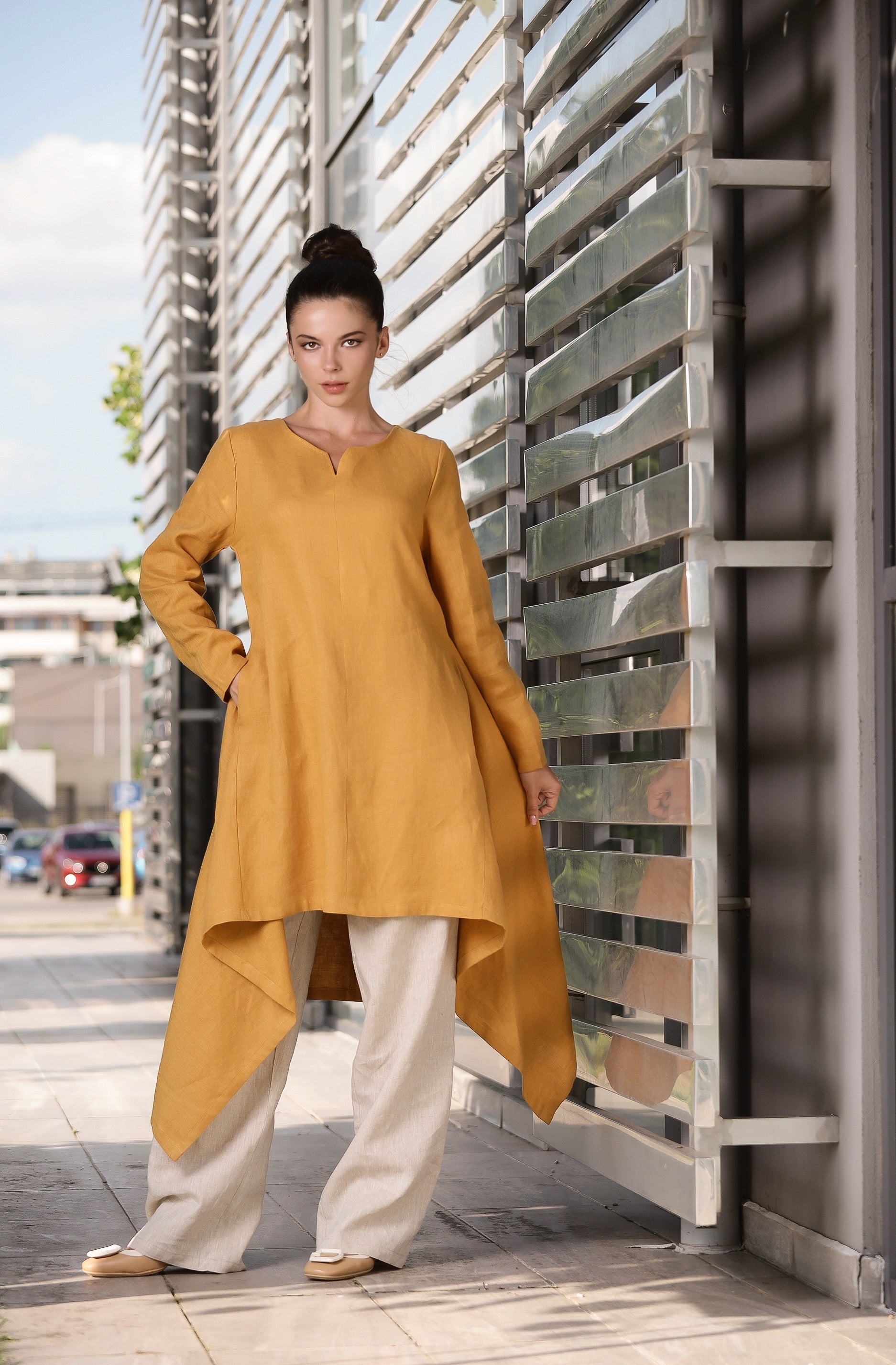 Modern Linen Tunic – Mustard Long Sleeve Asymmetrical Dress