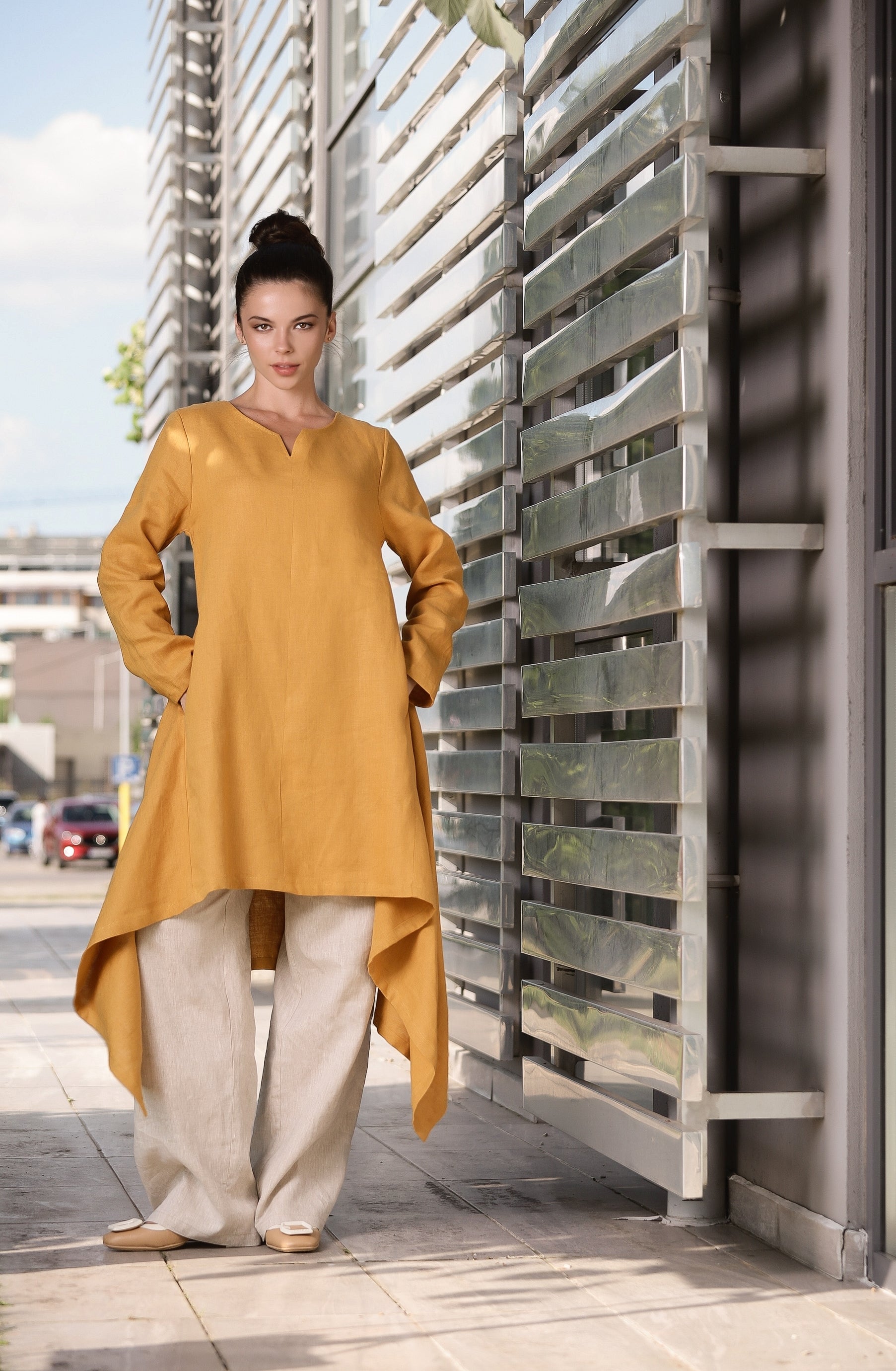 Modern Linen Tunic – Mustard Long Sleeve Asymmetrical Dress