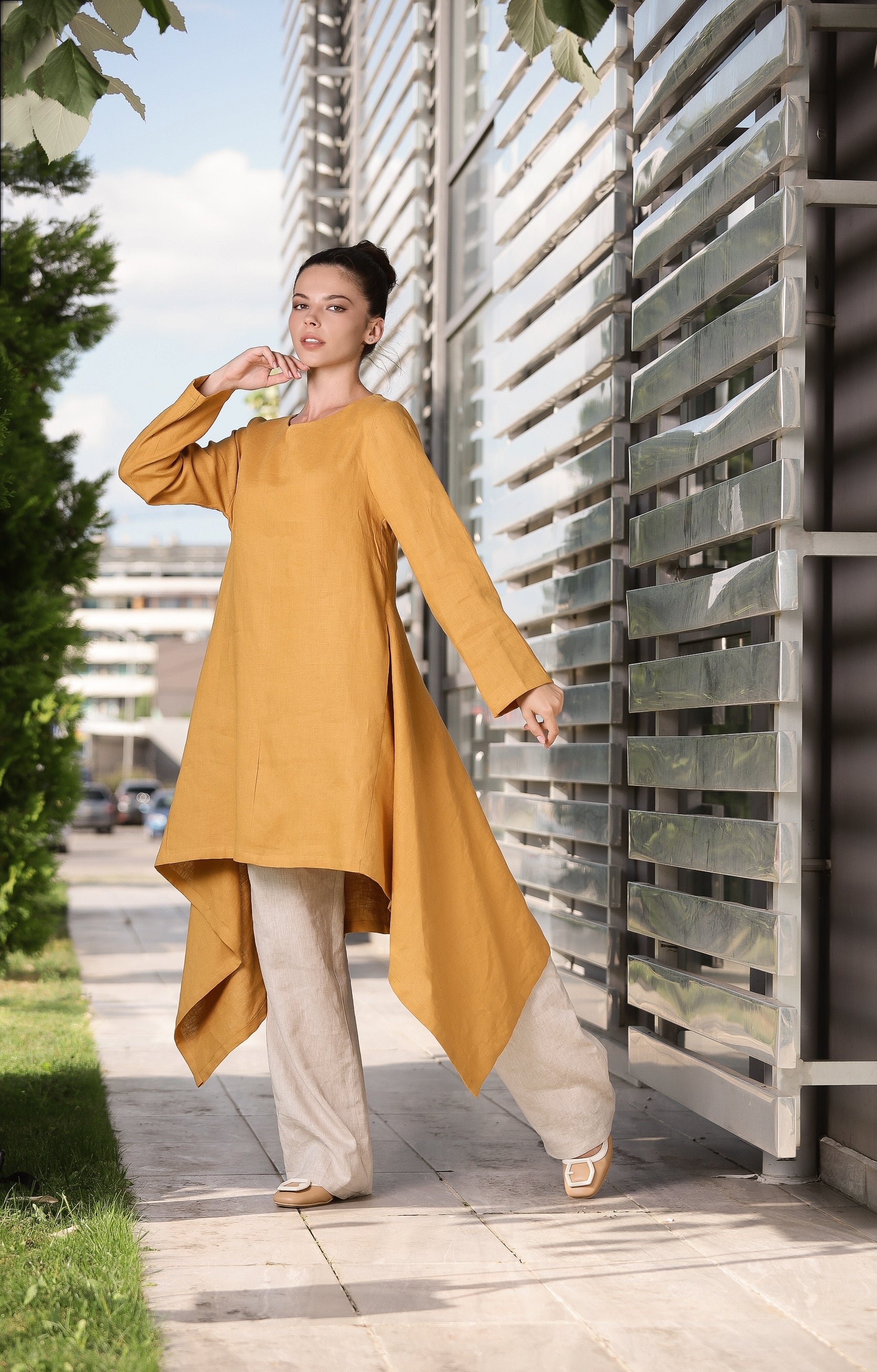 Modern Linen Tunic – Mustard Long Sleeve Asymmetrical Dress