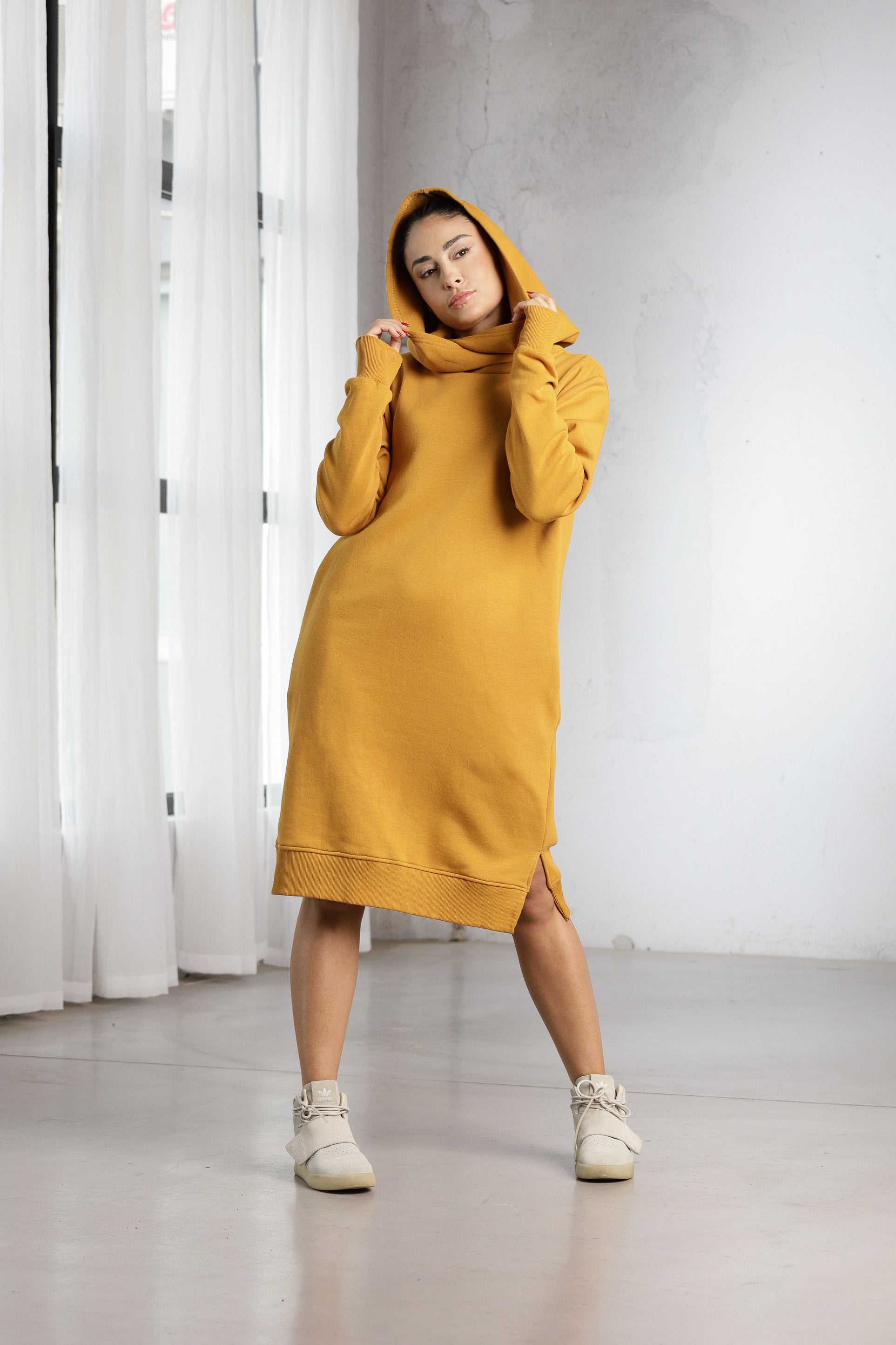 Mustard Hoodie Dress – Oversized Minimalist Sweatshirt Dress