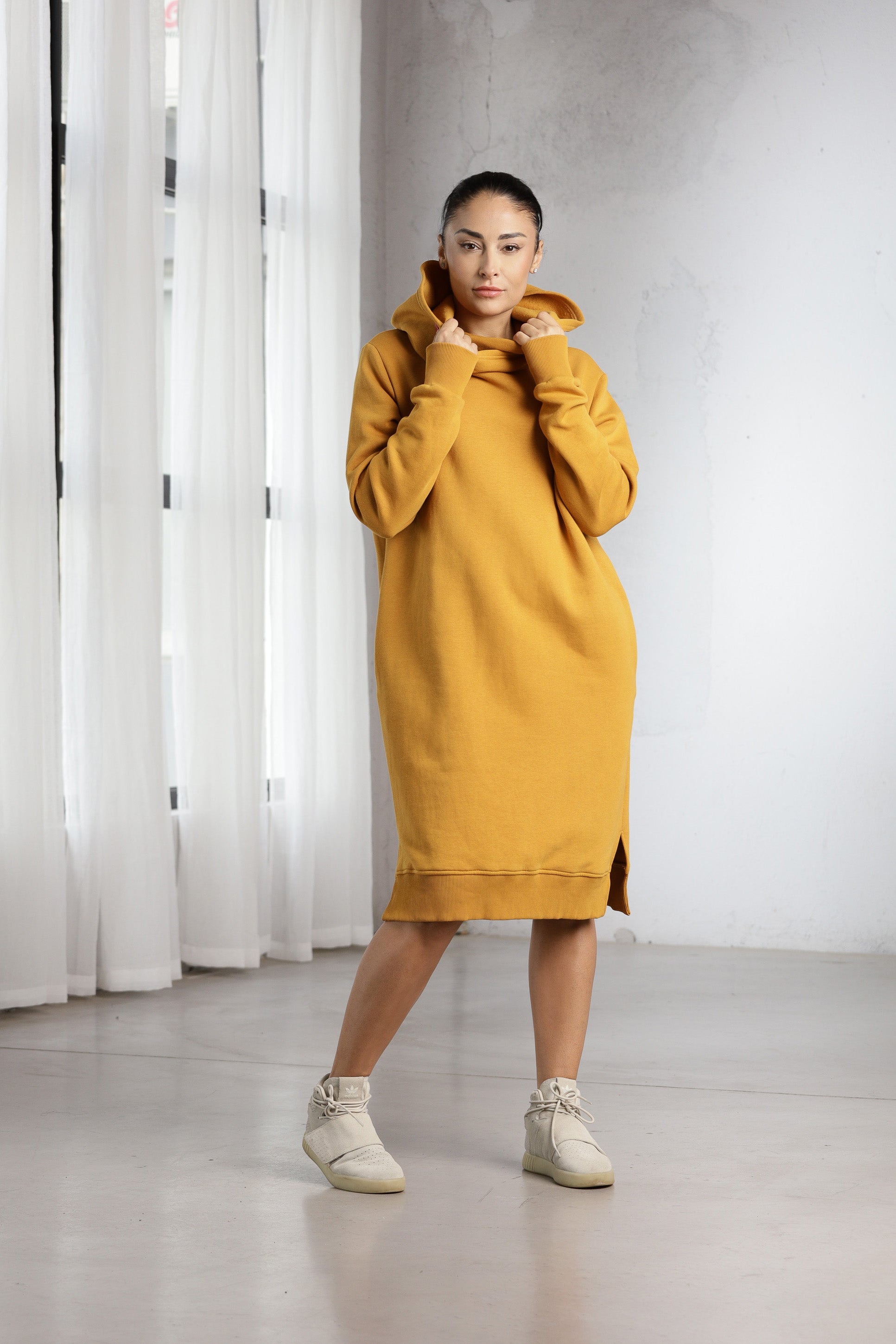 Mustard Hoodie Dress – Oversized Minimalist Sweatshirt Dress