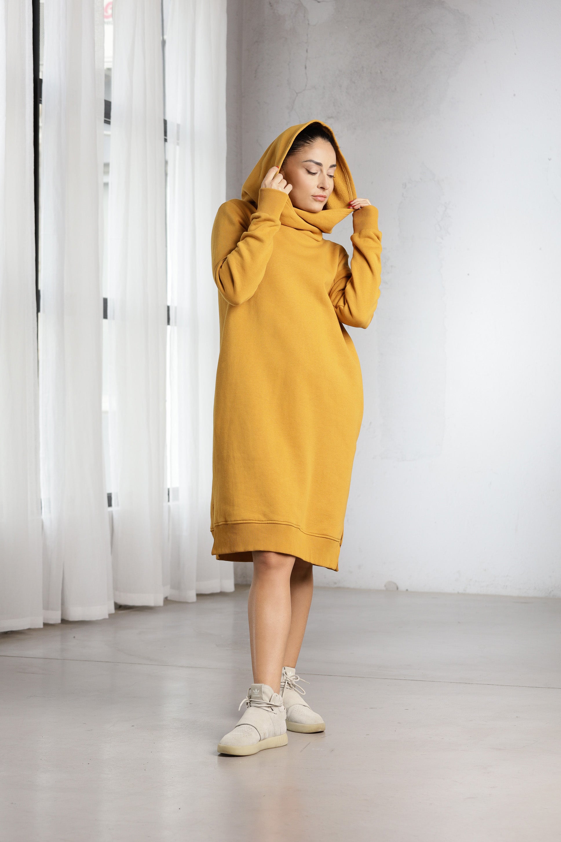 Mustard Hoodie Dress – Oversized Minimalist Sweatshirt Dress