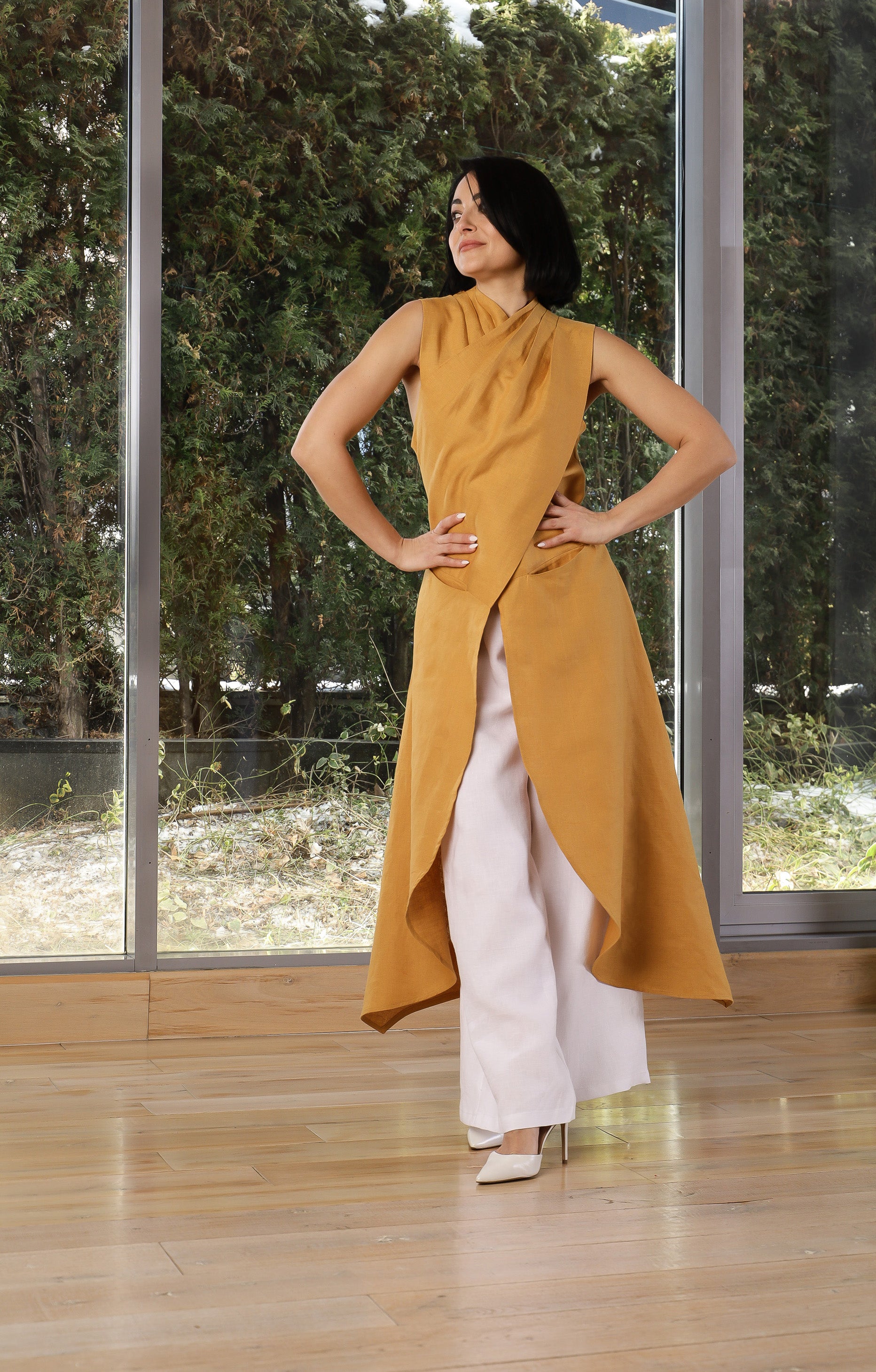Mustard Linen Asymmetrical Tunic Top – Avant-Garde Sleeveless Vest