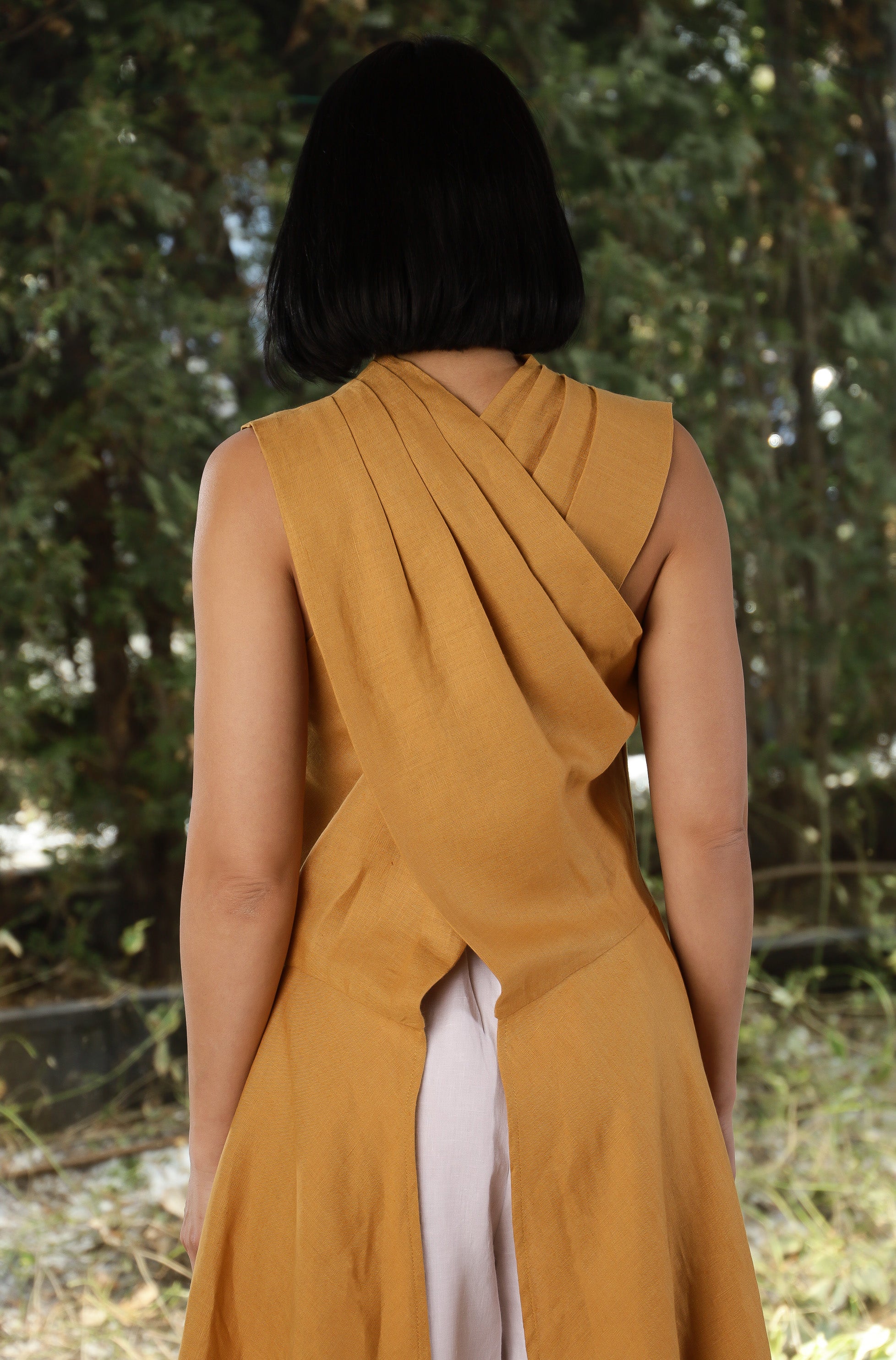 Mustard Linen Asymmetrical Tunic Top – Avant-Garde Sleeveless Vest