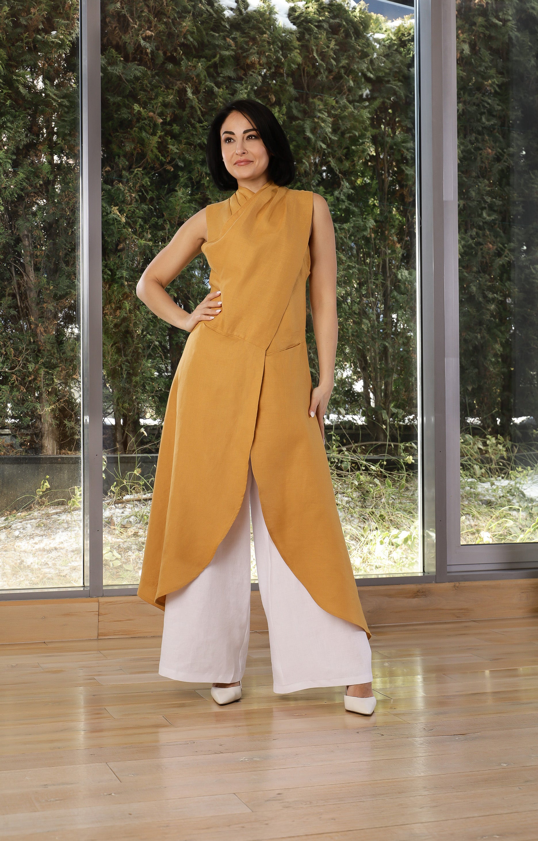Mustard Linen Asymmetrical Tunic Top – Avant-Garde Sleeveless Vest