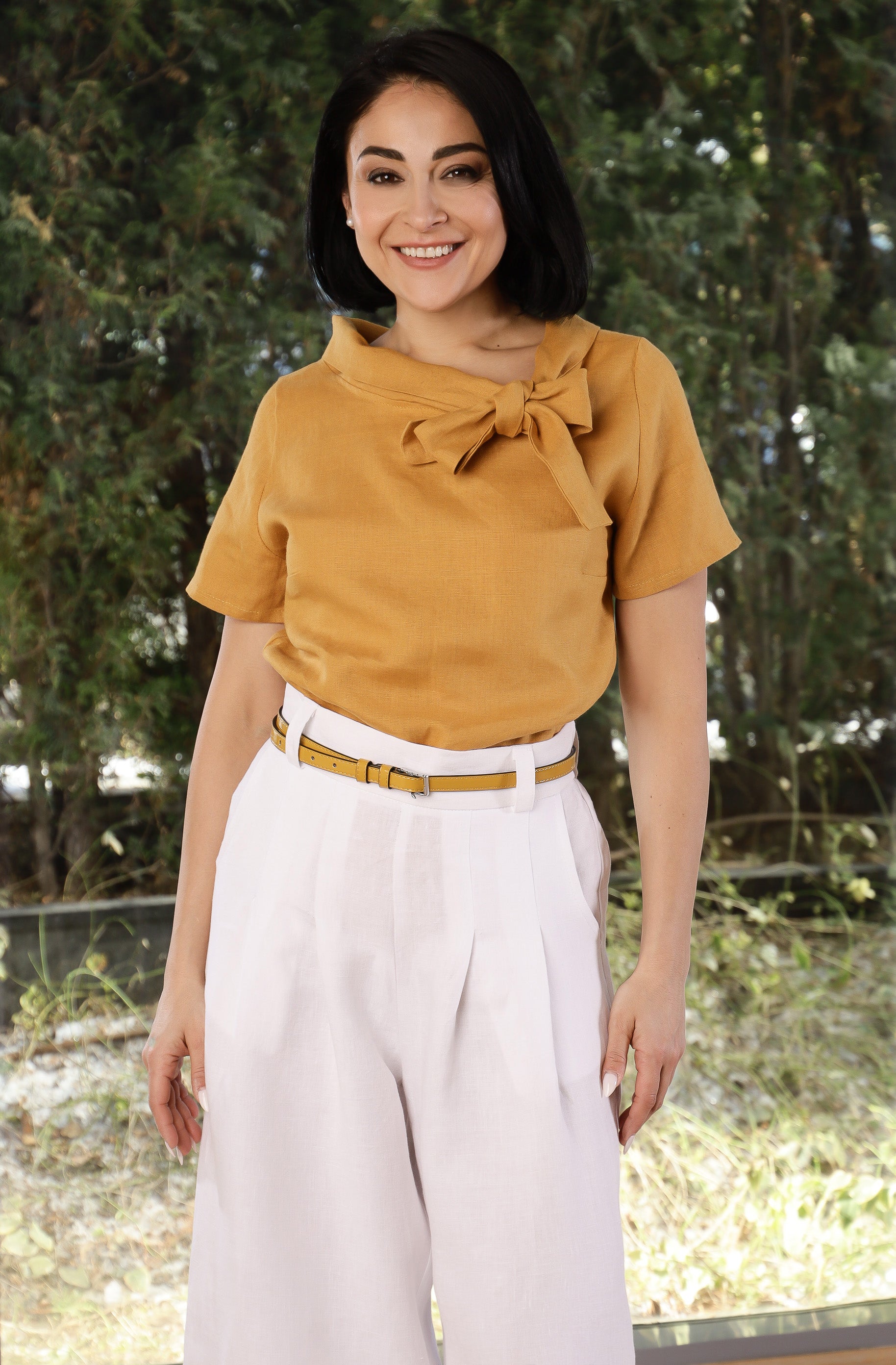 Mustard Linen Bow Blouse for Women