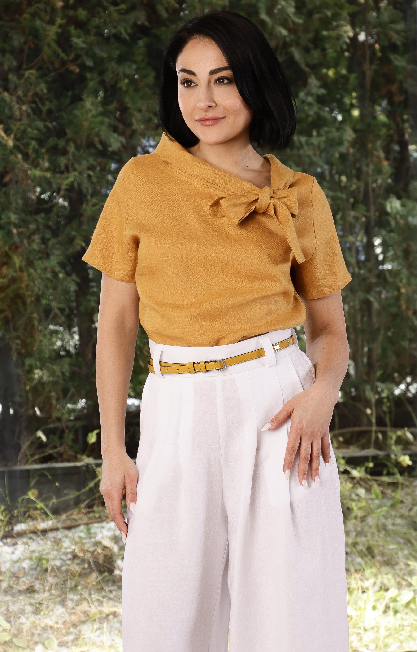 Mustard Linen Bow Blouse for Women