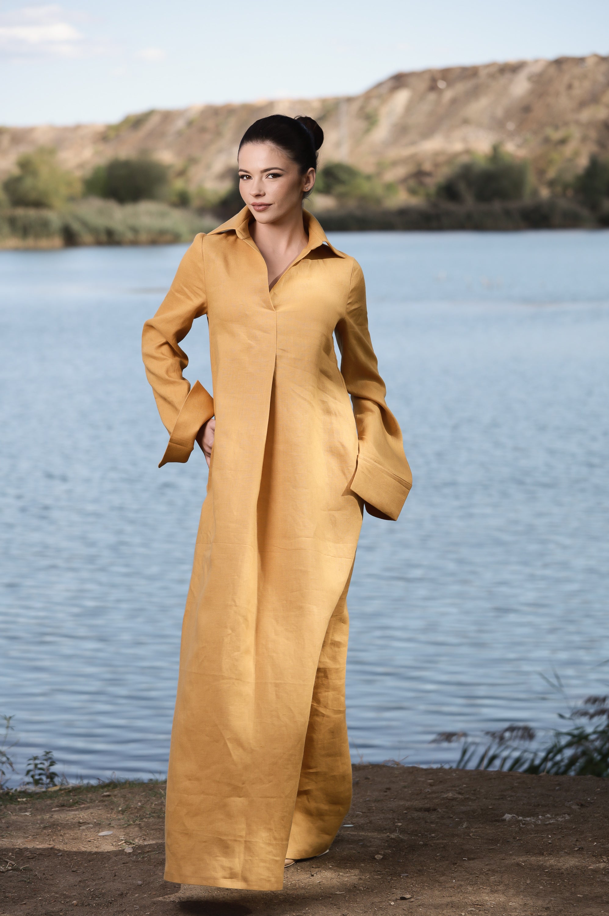 Mustard Linen Maxi Dress with Collar – Elegant Loose Fit Dress