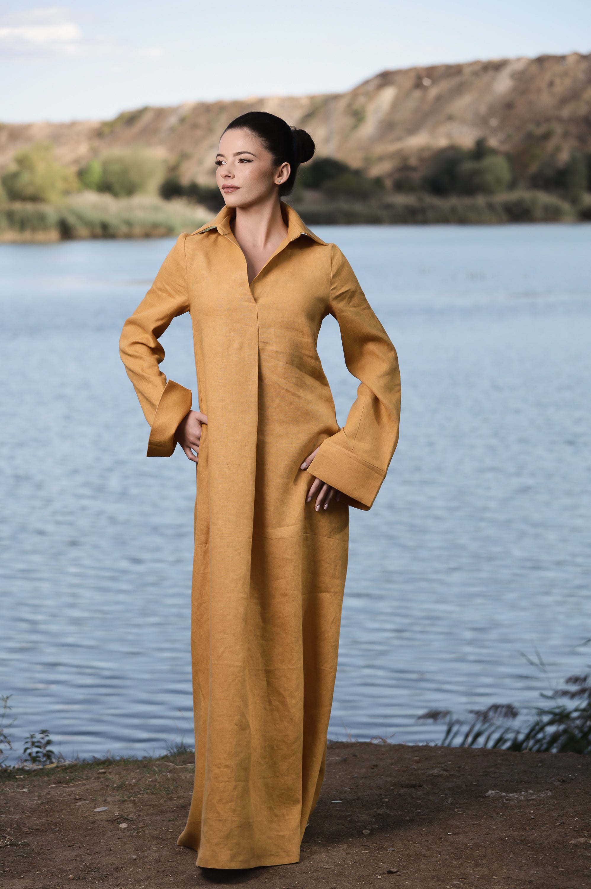 Mustard Linen Maxi Dress with Collar – Elegant Loose Fit Dress