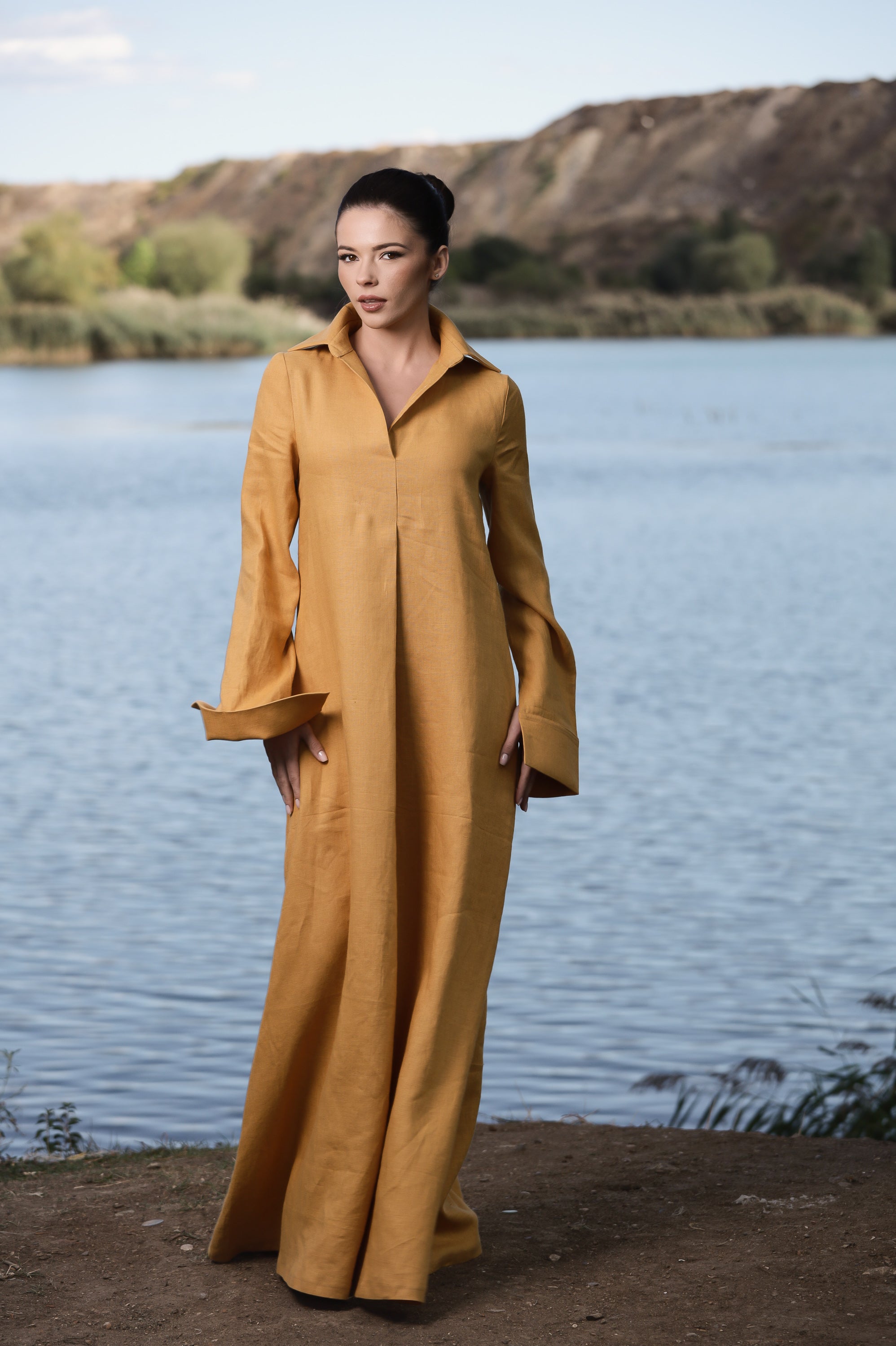 Mustard Linen Maxi Dress with Collar – Elegant Loose Fit Dress