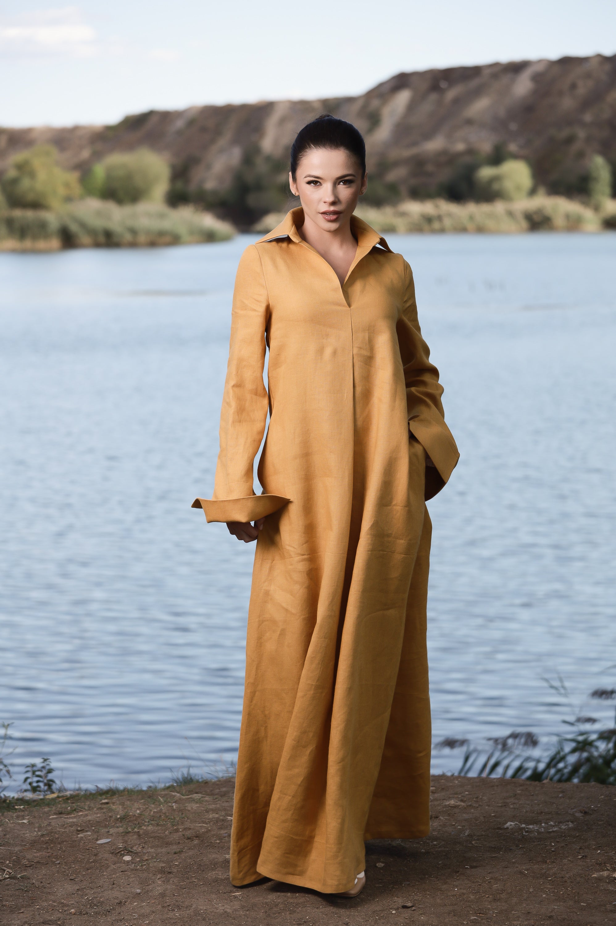 Mustard Linen Maxi Dress with Collar – Elegant Loose Fit Dress