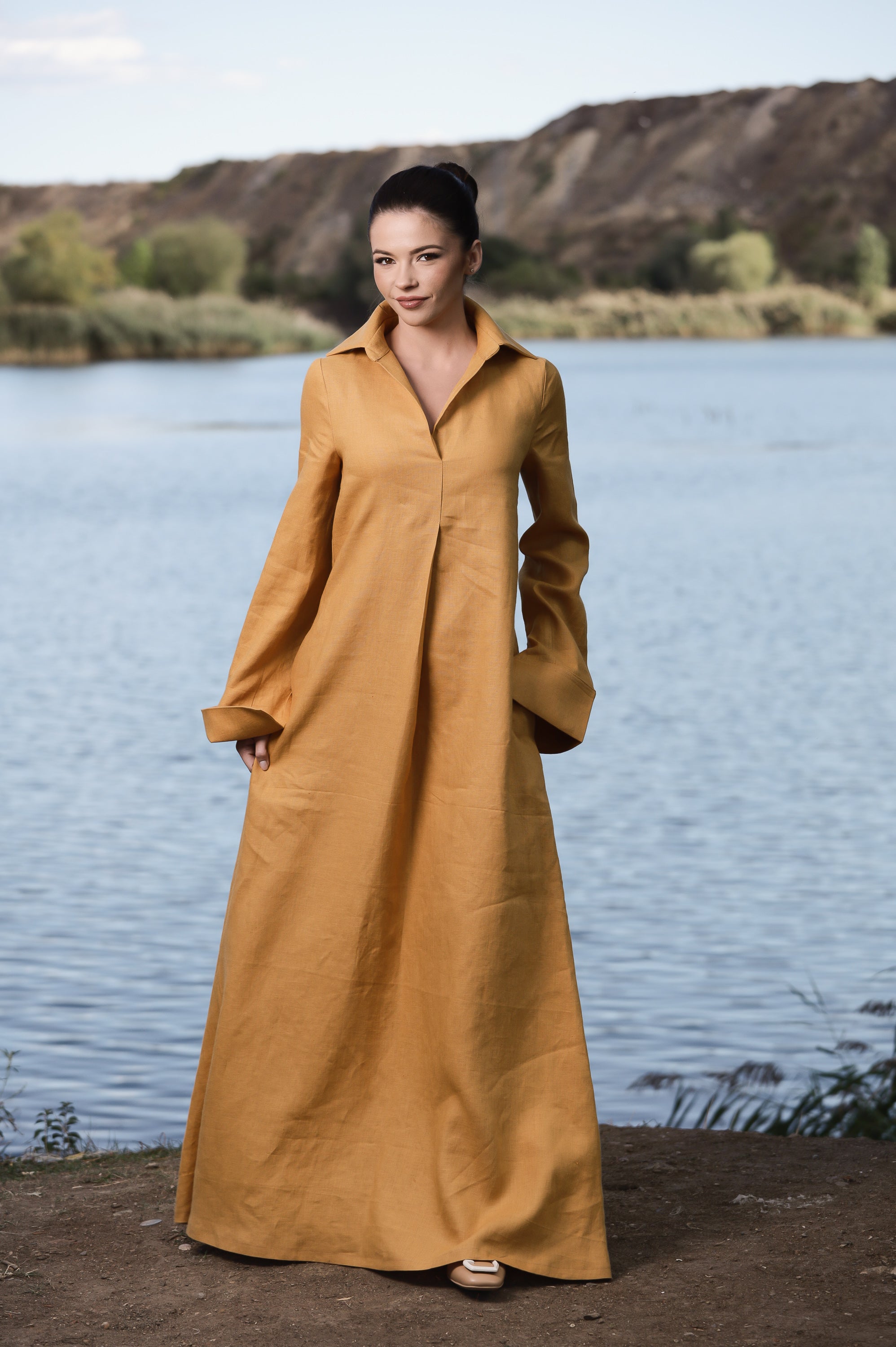 Mustard Linen Maxi Dress with Collar – Elegant Loose Fit Dress