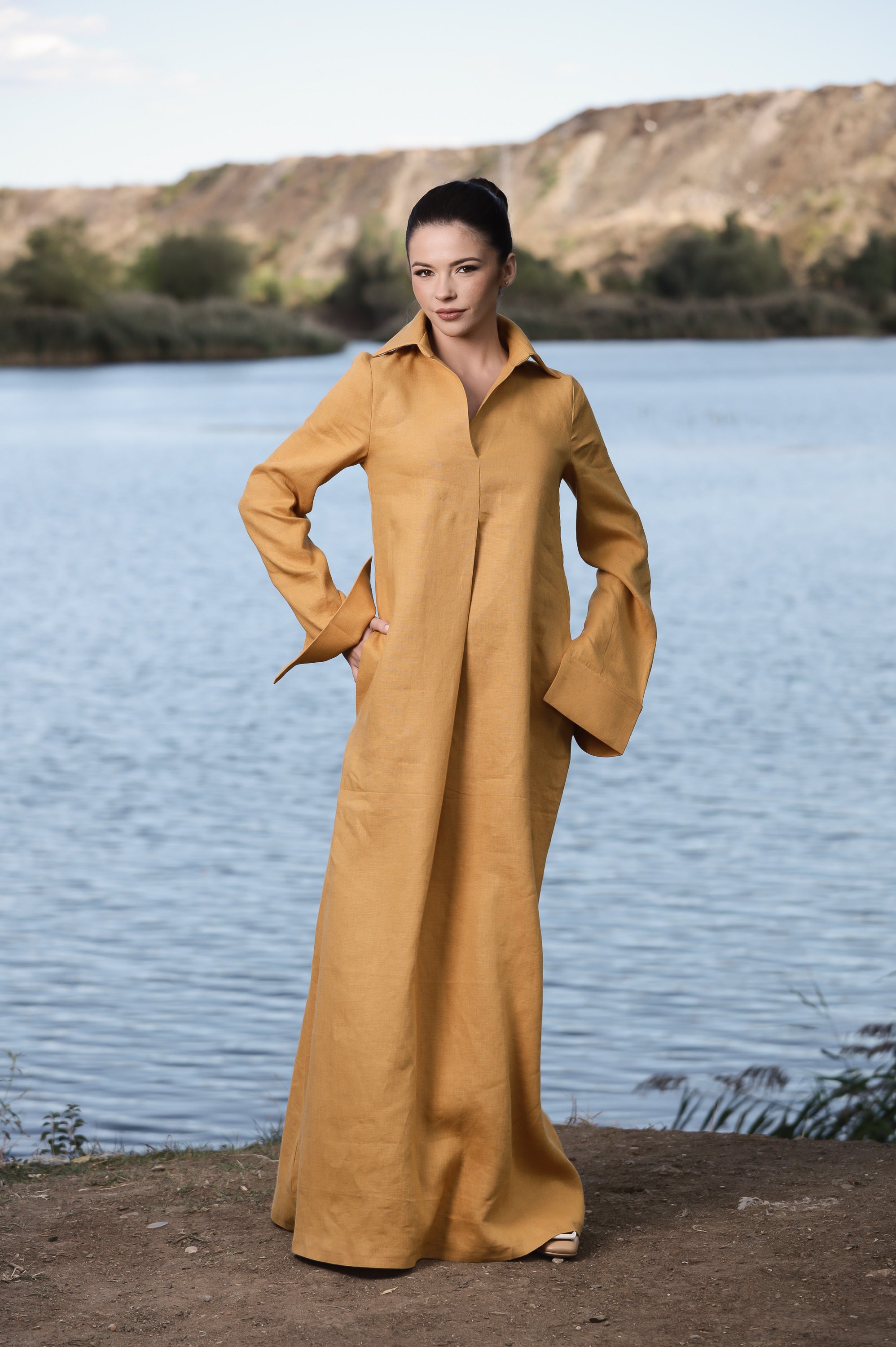Mustard Linen Maxi Dress with Collar – Elegant Loose Fit Dress