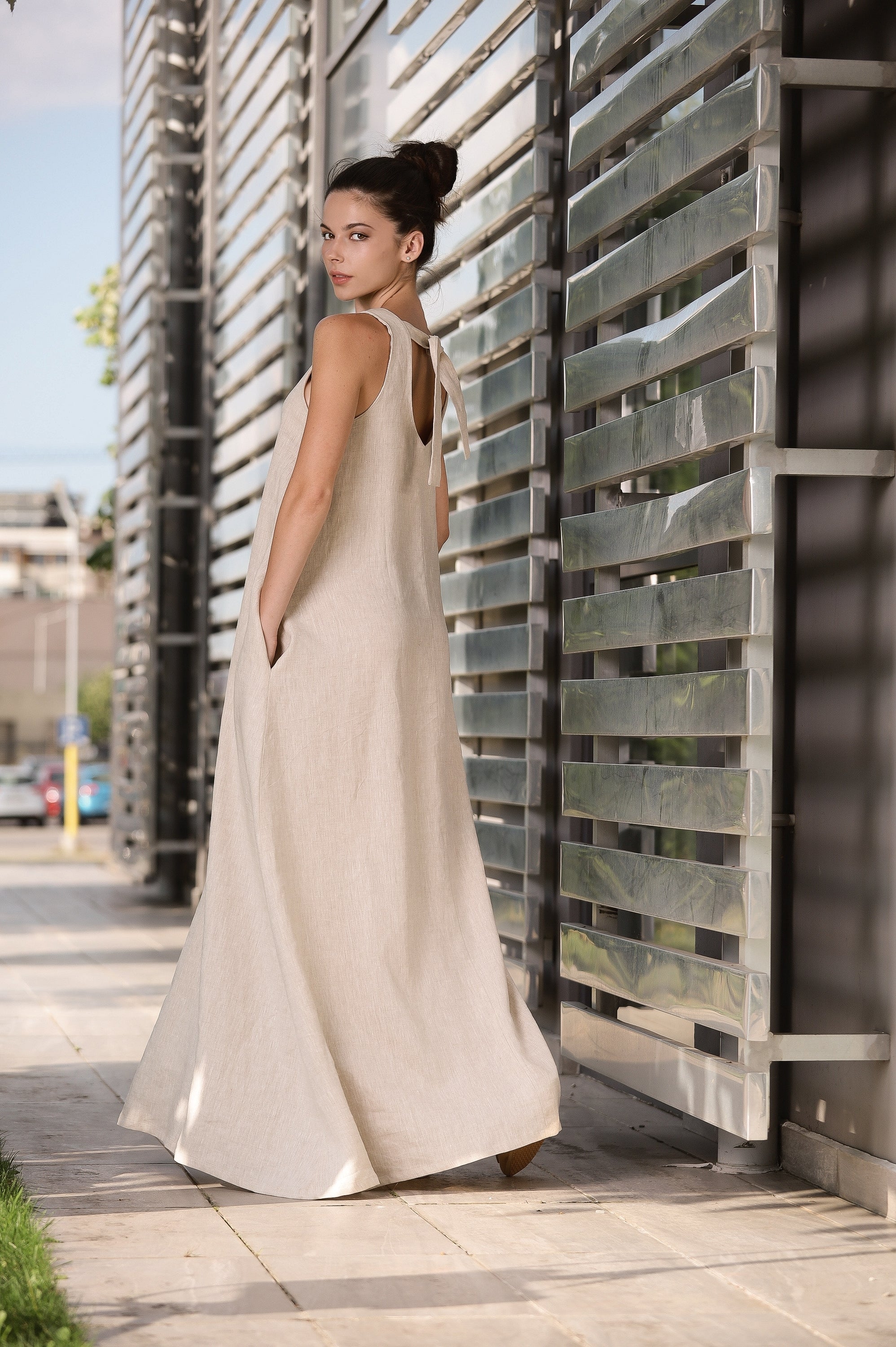 Natural Linen Maxi Dress – Sleeveless A-Line Dress with Back Tie