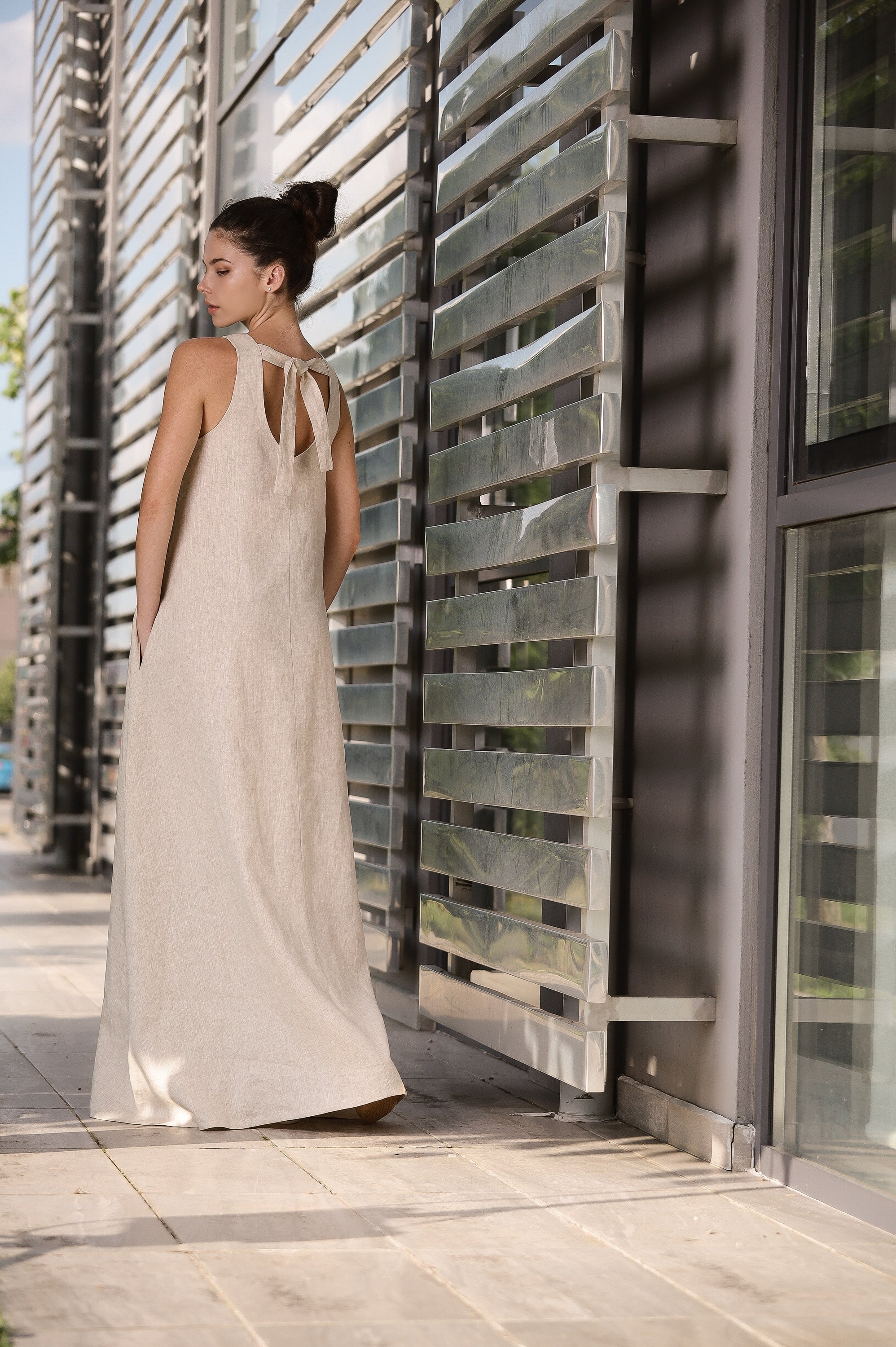 Natural Linen Maxi Dress – Sleeveless A-Line Dress with Back Tie