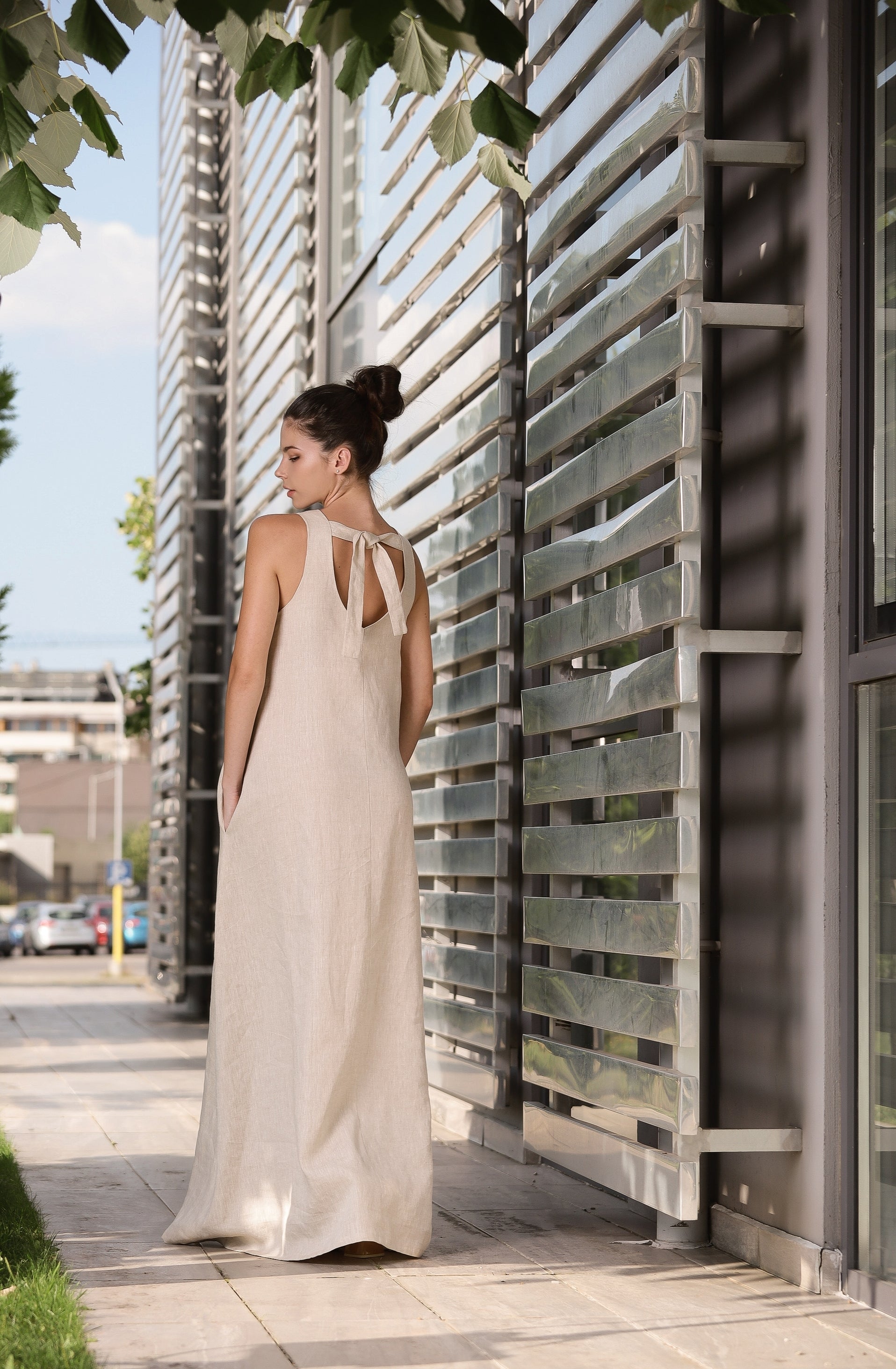 Natural Linen Maxi Dress – Sleeveless A-Line Dress with Back Tie